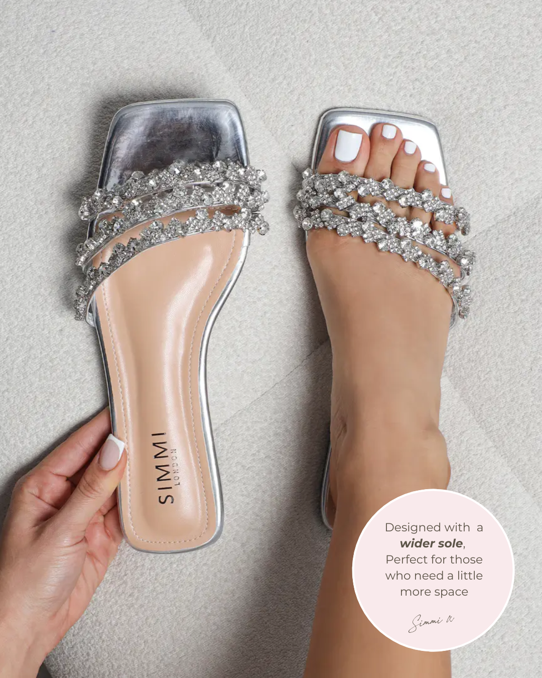 Capri Wide Fit Silver Mirror Diamante Flat Sandals