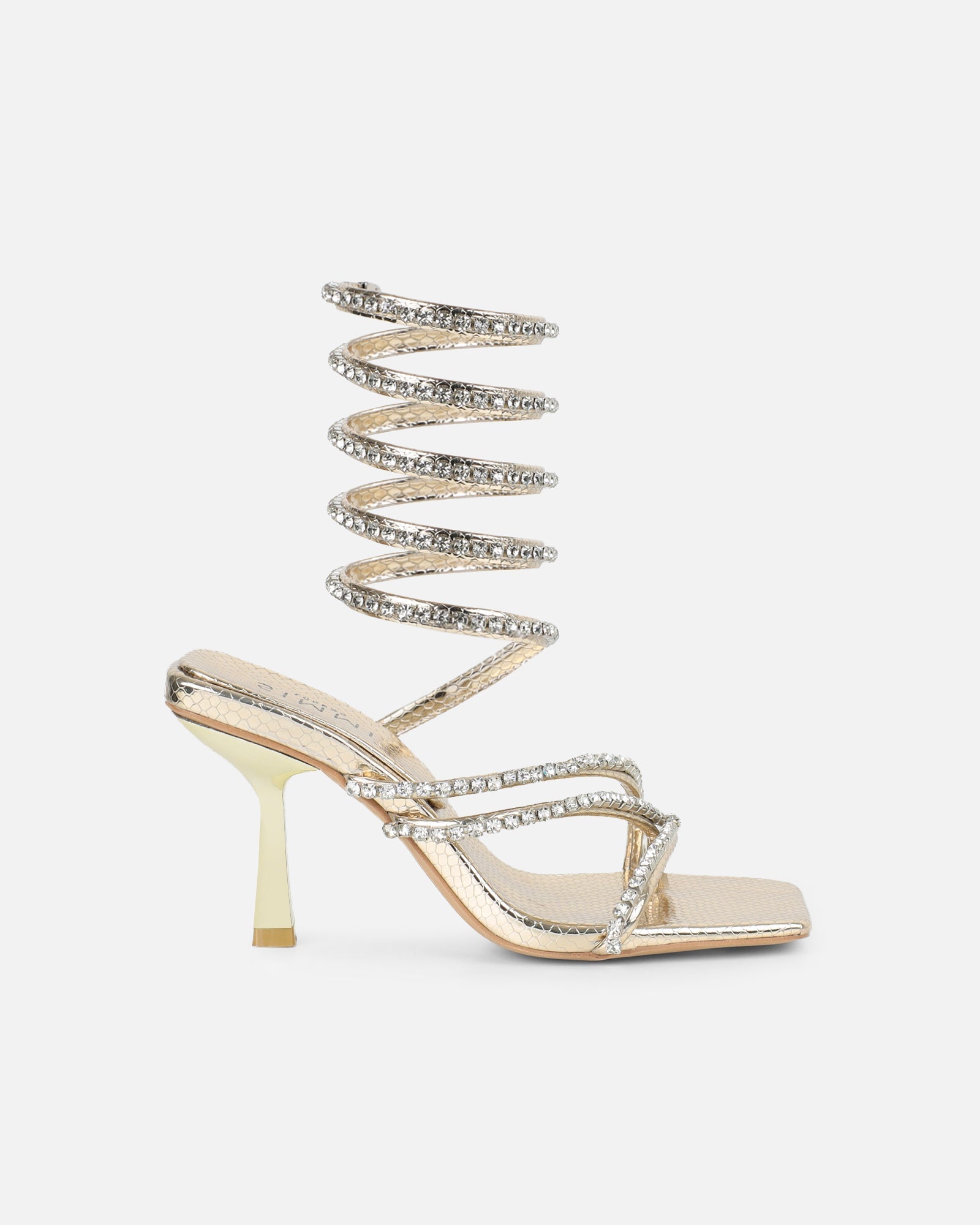 Freesia Gold Faux Snake Print Spiral Mid Heels