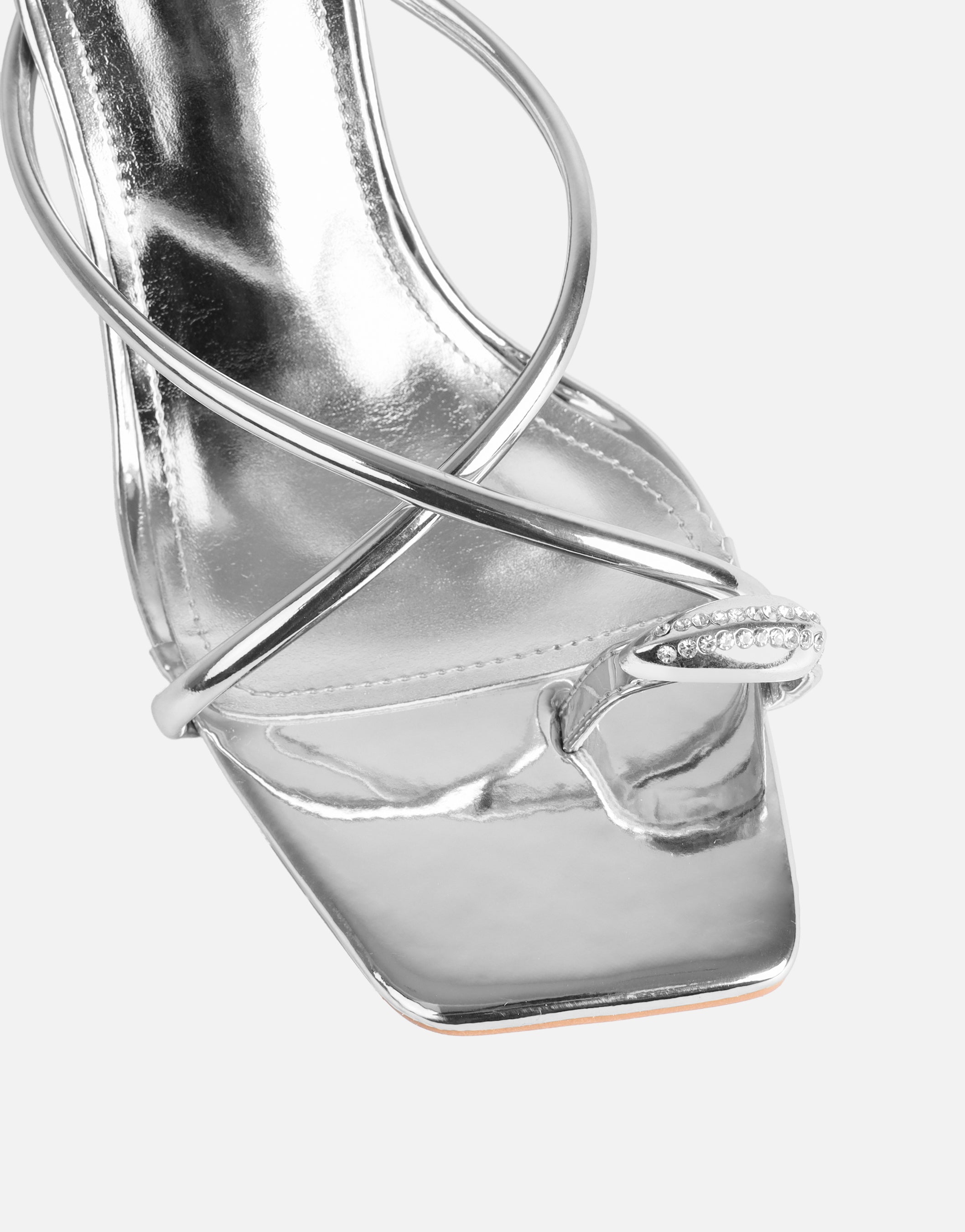 Moni Silver Mirror Diamante Toe Detail Mules