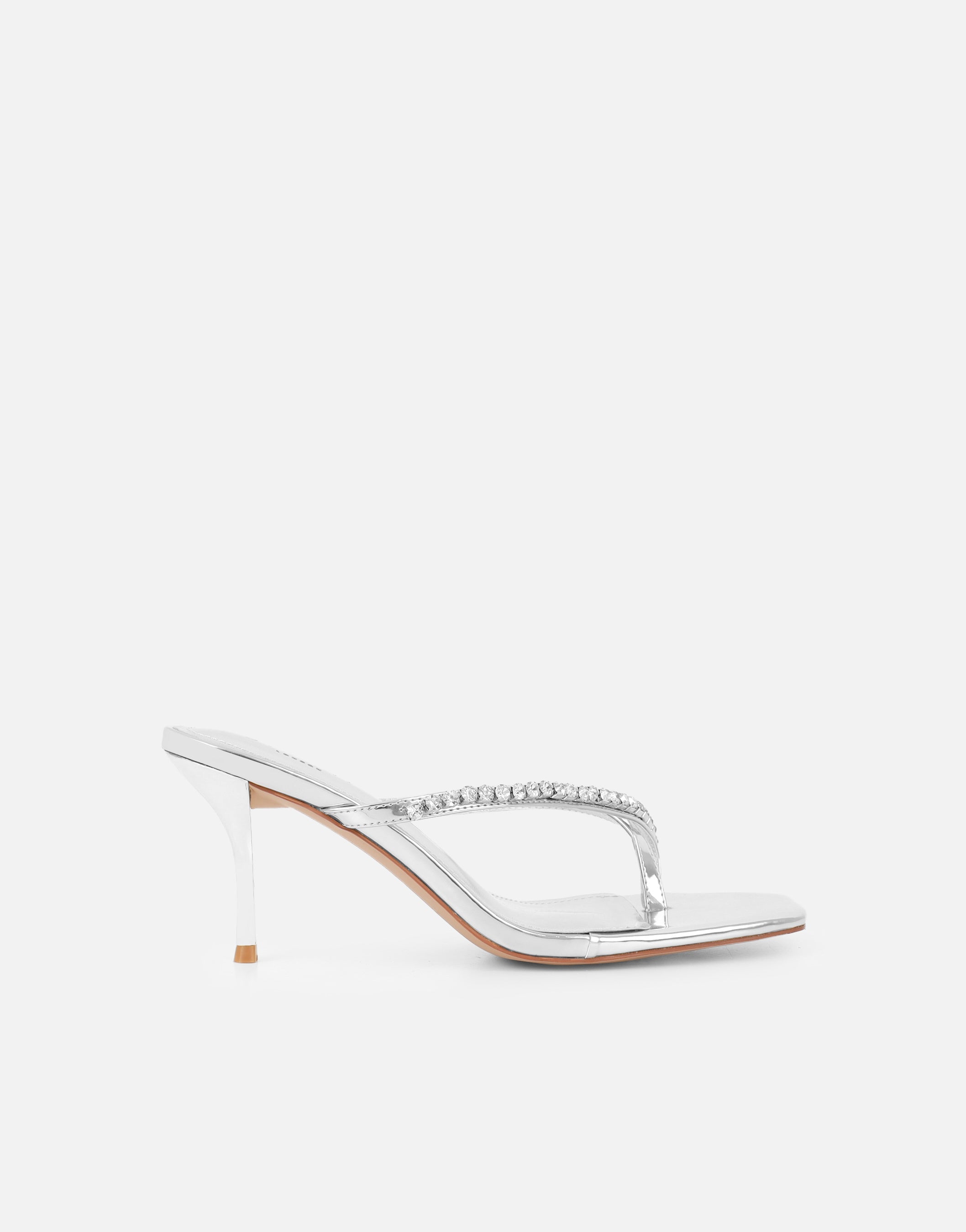 Lana Silver Mirror Diamante Toe Post Mules