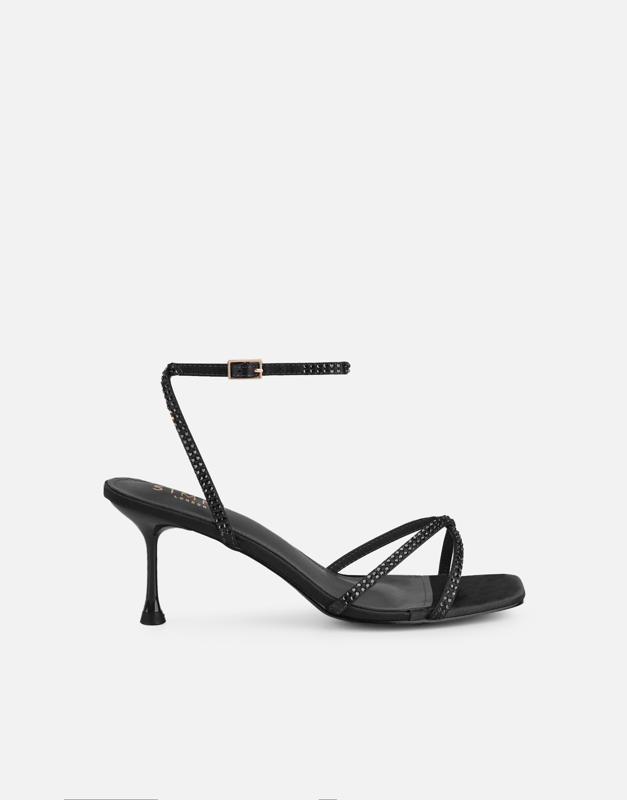 Eleonoora Black Satin Diamante Heeled Sandals