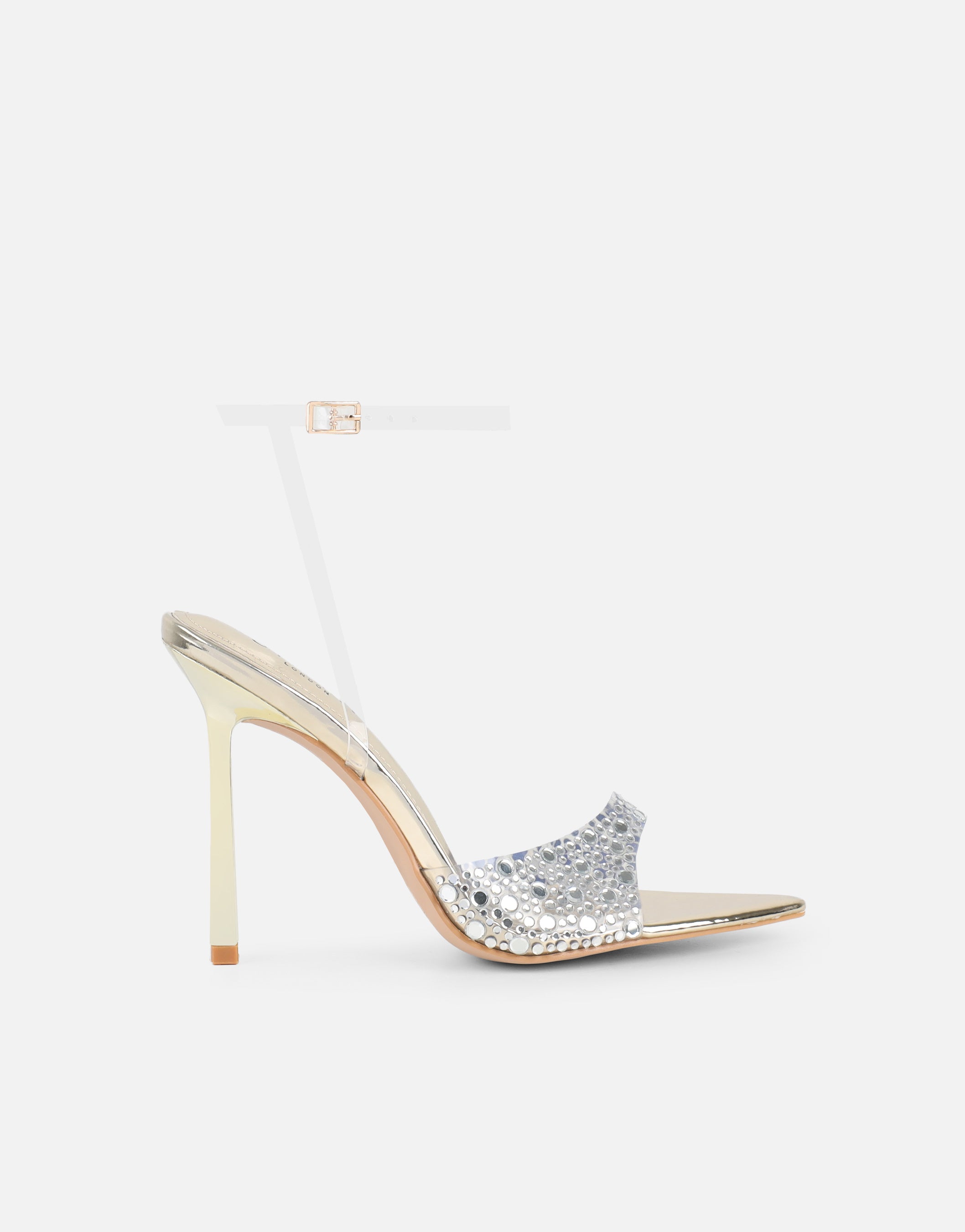 Lopezz Gold Mirror Clear Embellished Heeled Sandals