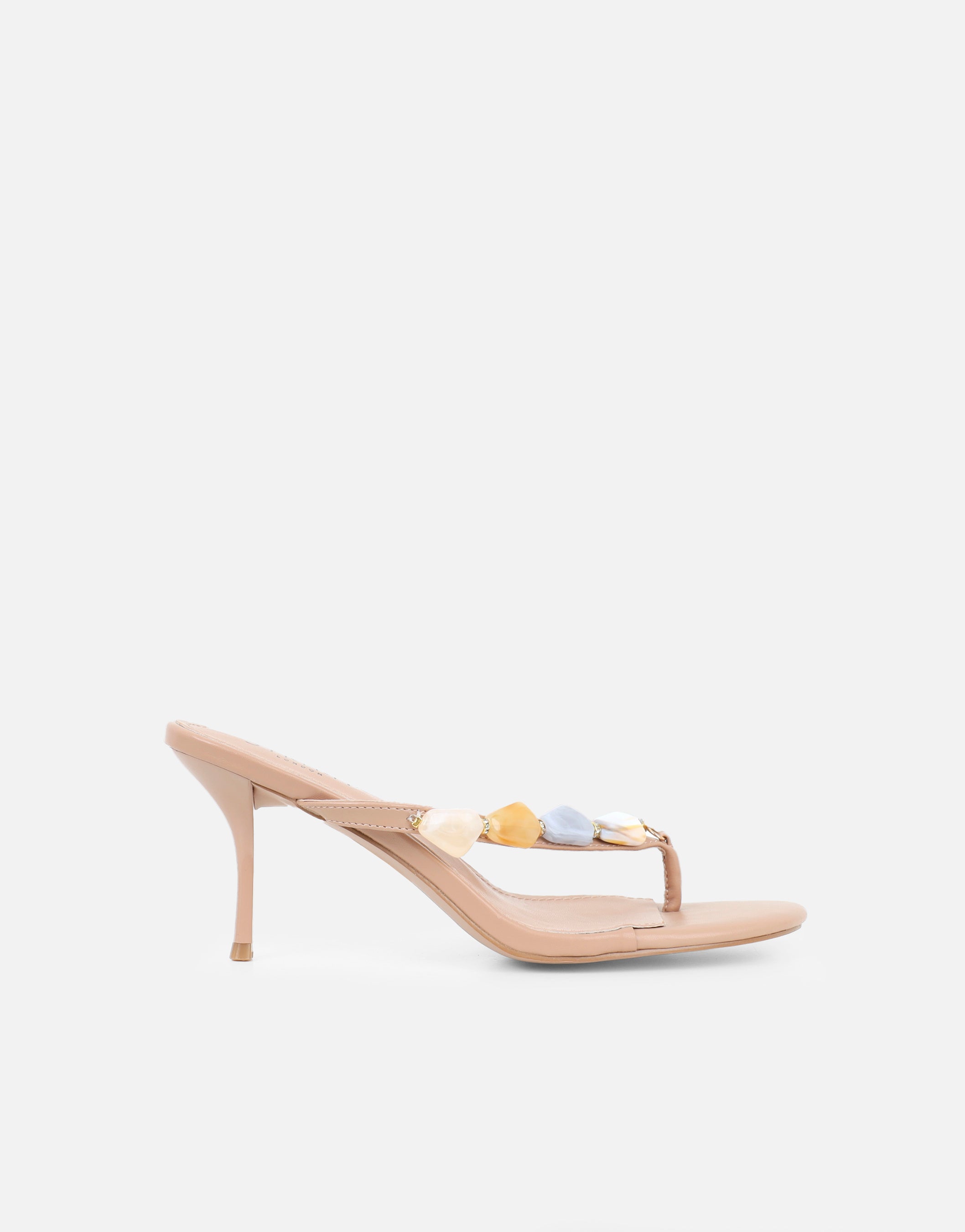 Carla Beige Embellished Toe Post Mules
