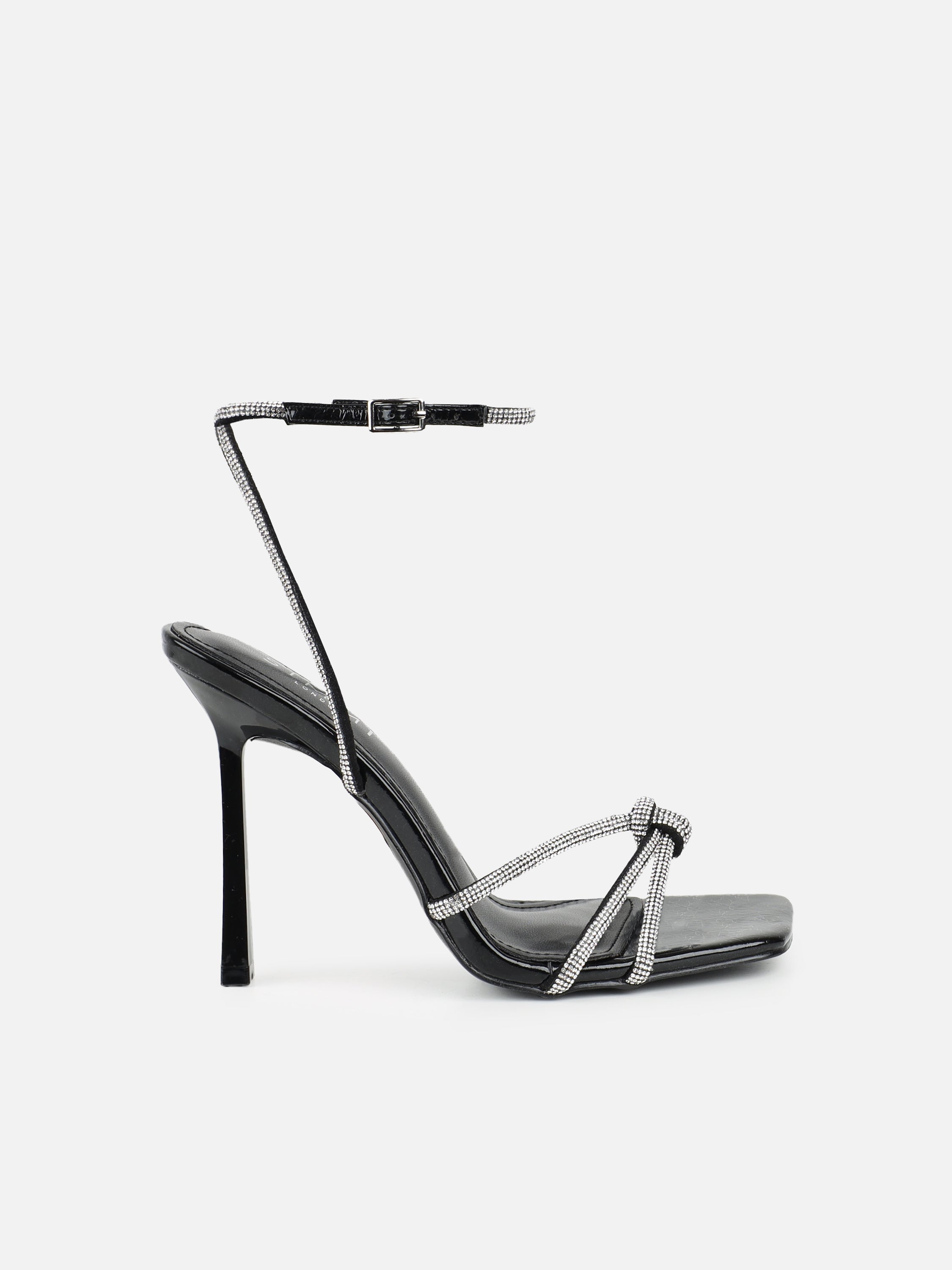 Janeet Black Diamante Knot Heeled Sandals