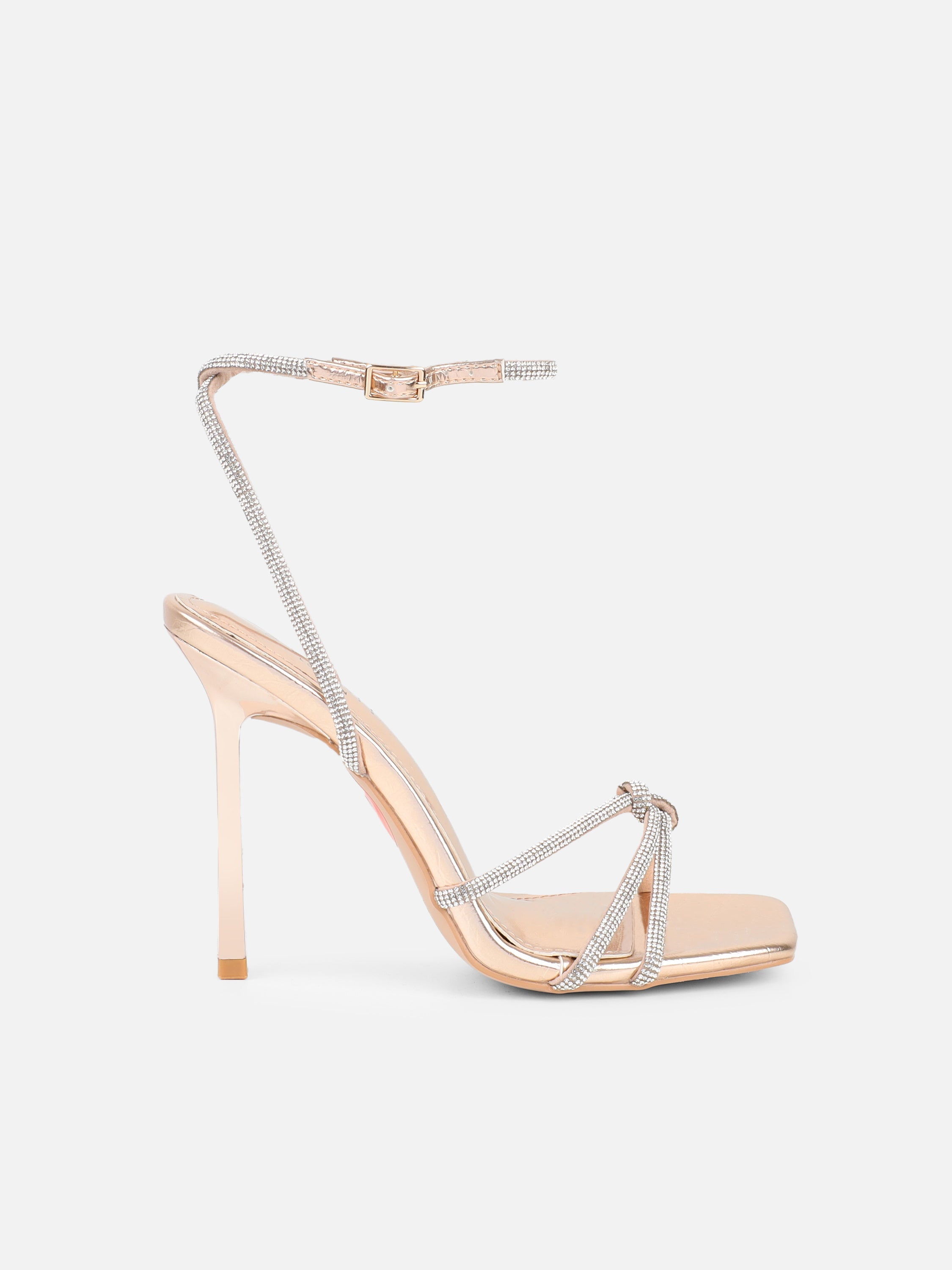 Janeet Rose Gold Metallic Diamante Knot Heeled Sandals
