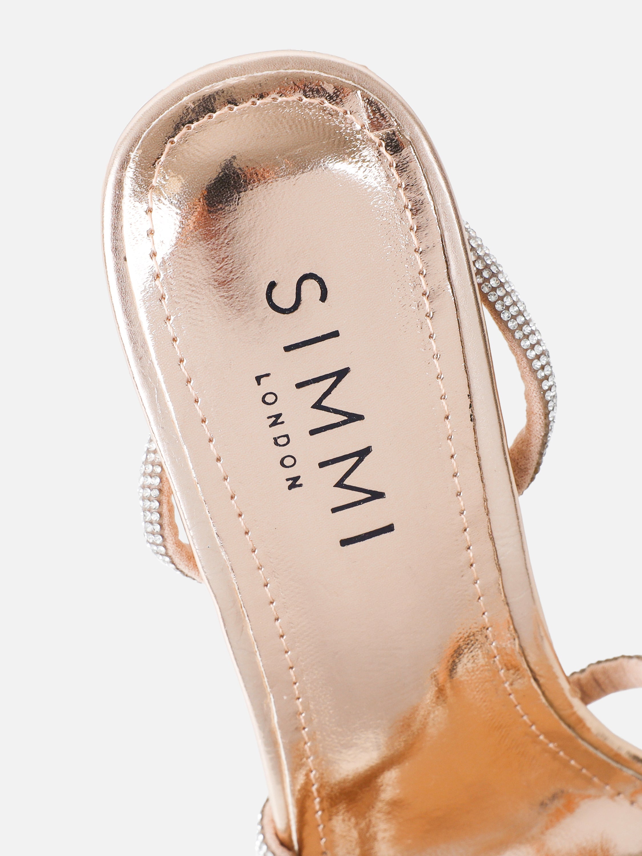 Janeet Rose Gold Metallic Diamante Knot Heeled Sandals