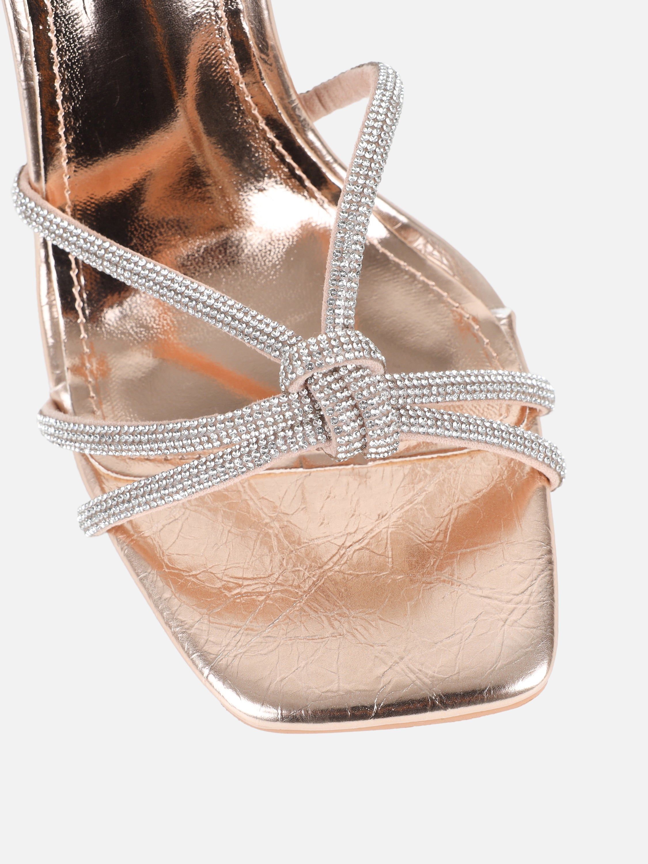 Janeet Rose Gold Metallic Diamante Knot Heeled Sandals