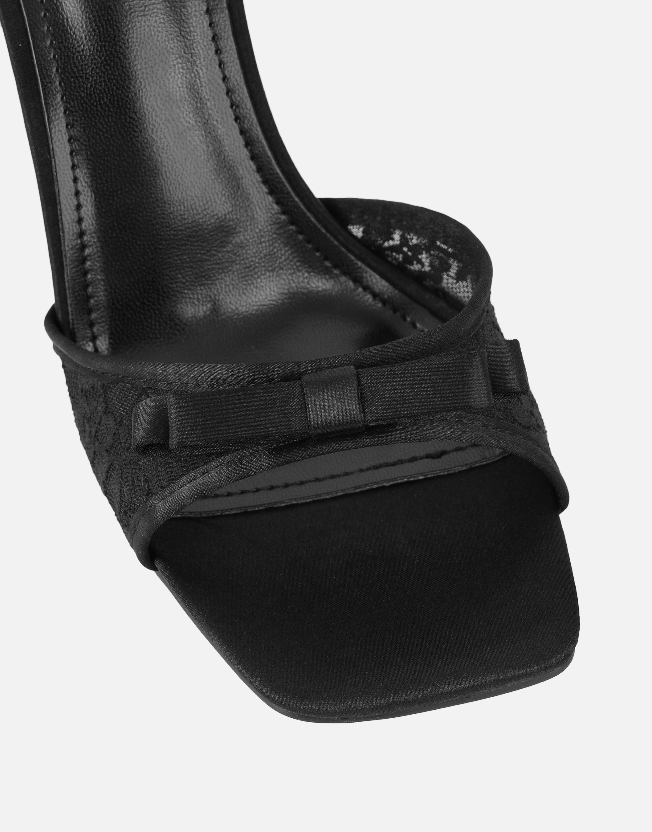 Janeena Black Lace Bow Detail Heeled Sandals
