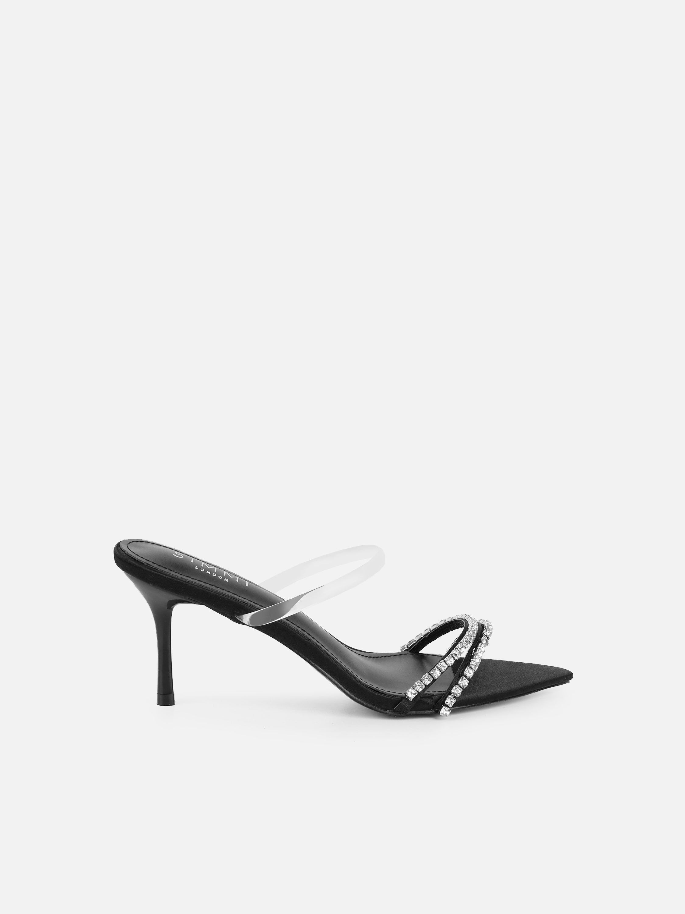 Isha Black Satin Diamante Mules