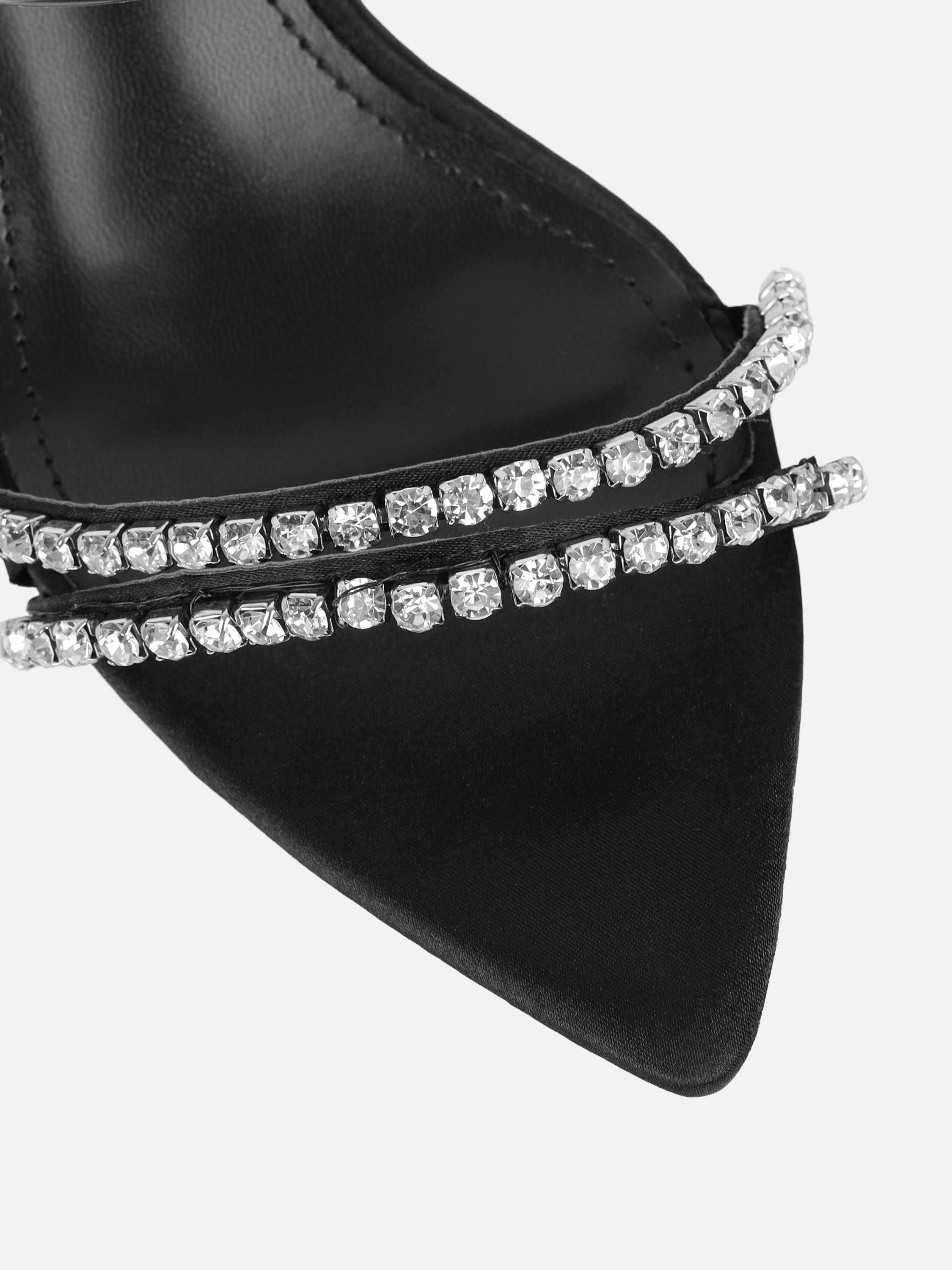 Isha Black Satin Diamante Mules