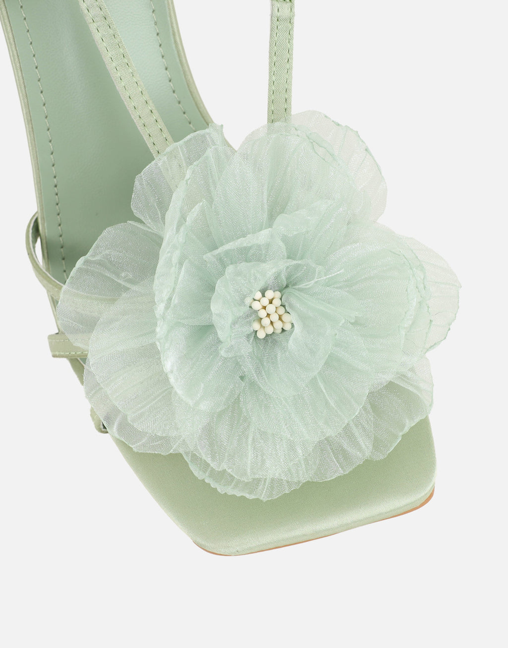 Lulu Green Satin Mesh Flower Heeled Sandals