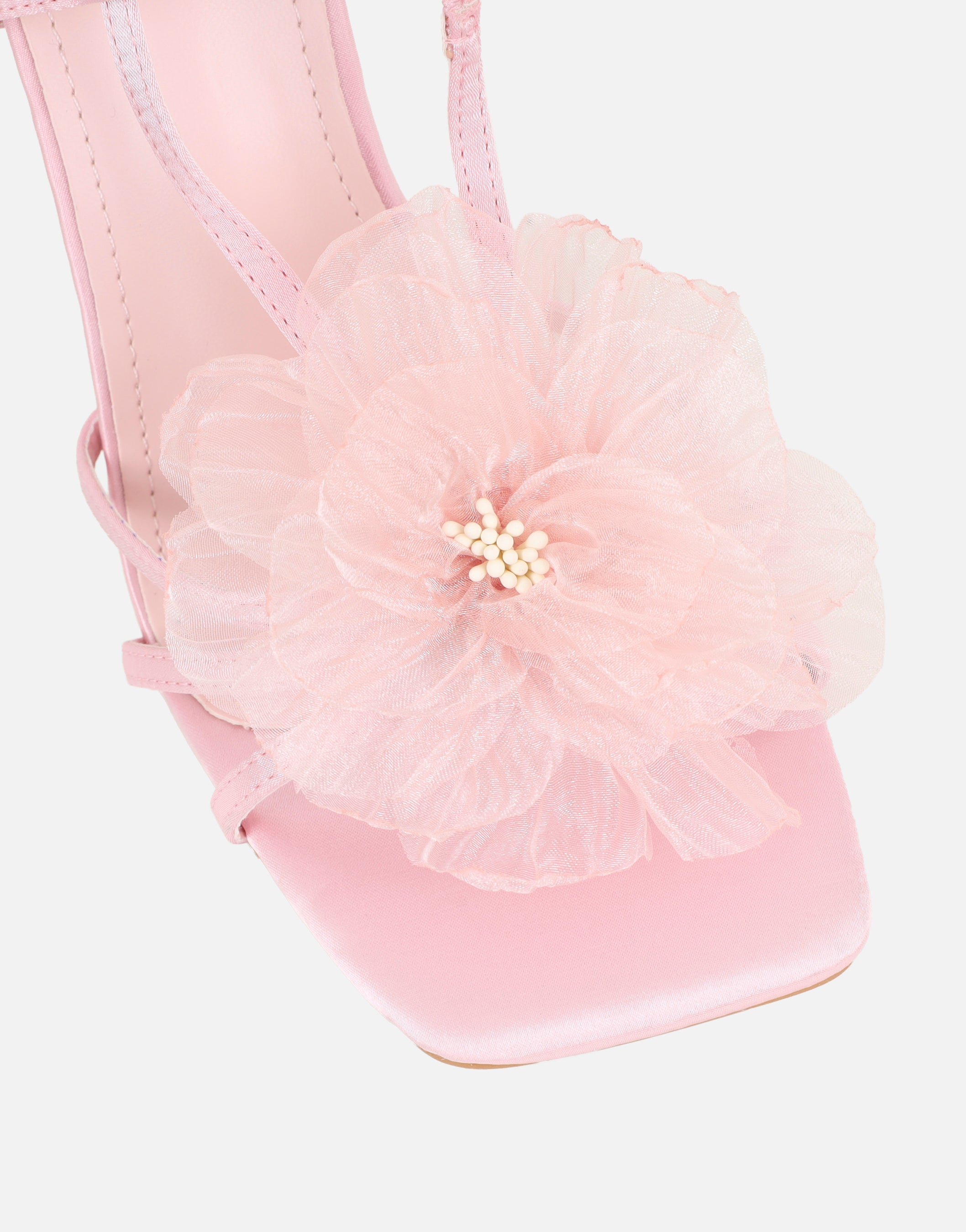 Lulu Pink Satin Mesh Flower Heeled Sandals