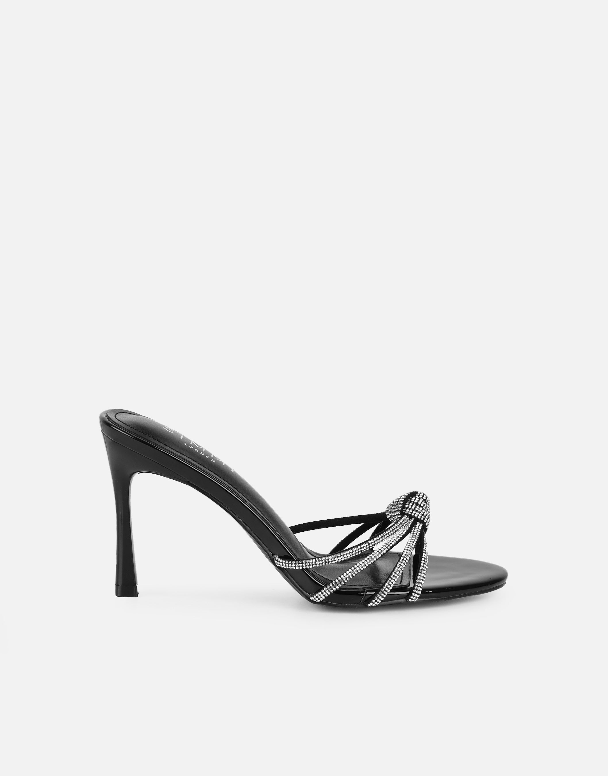 Kyla Black Patent Diamante Knot Mules