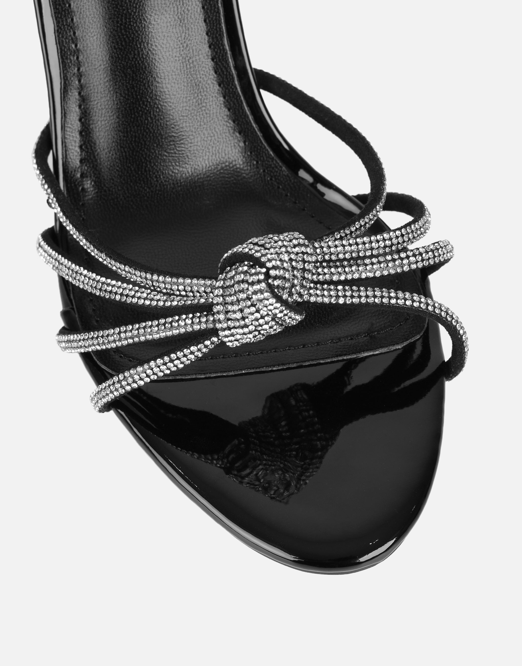 Kyla Black Patent Diamante Knot Mules