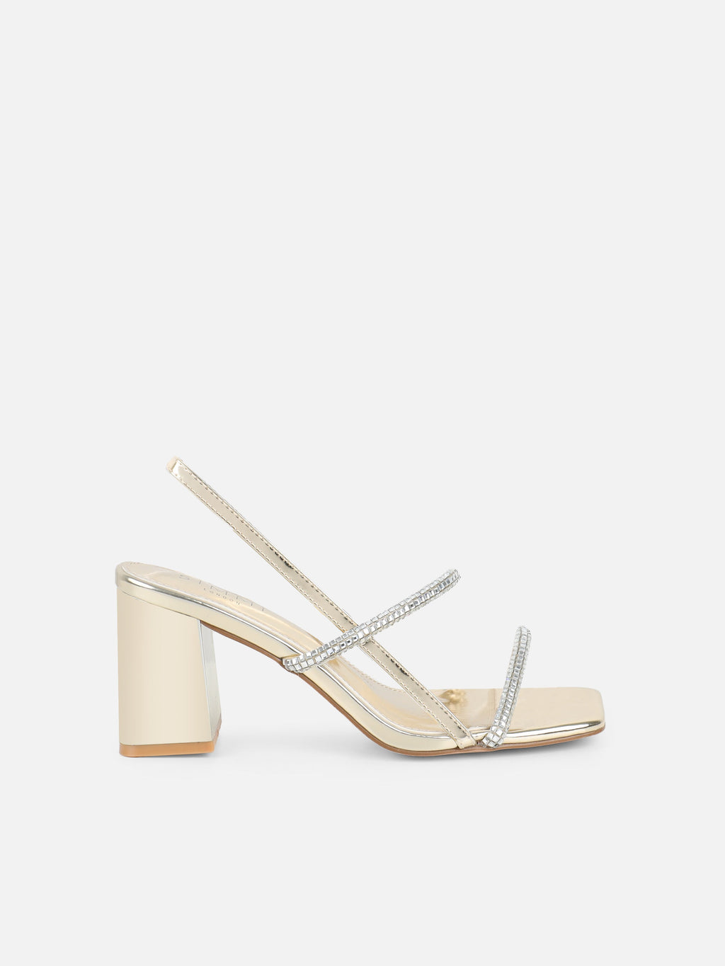 Mayaa Gold Mirror Diamante Slingback Block Heeled Sandals