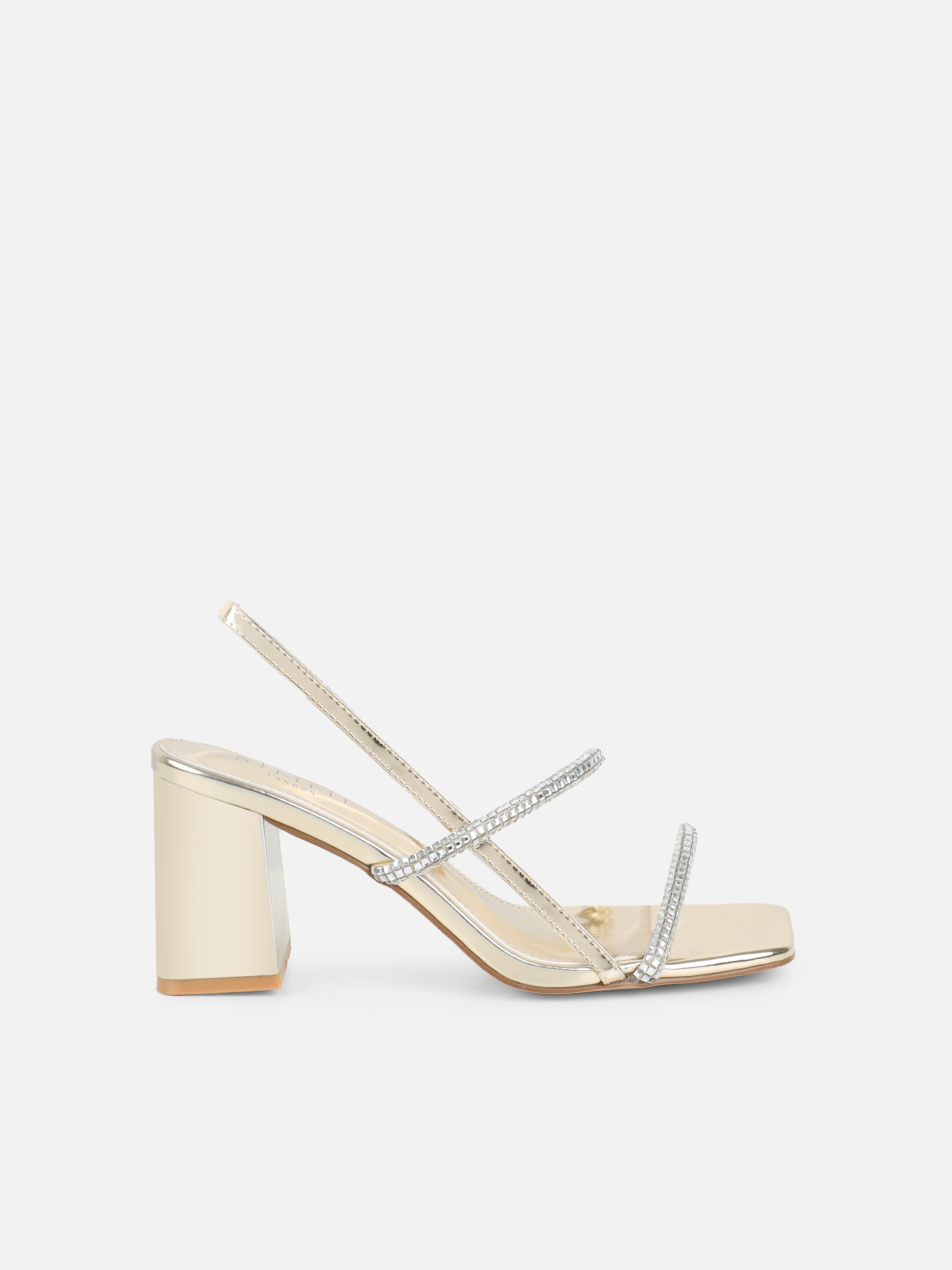 Mayaa Gold Mirror Diamante Slingback Block Heeled Sandals
