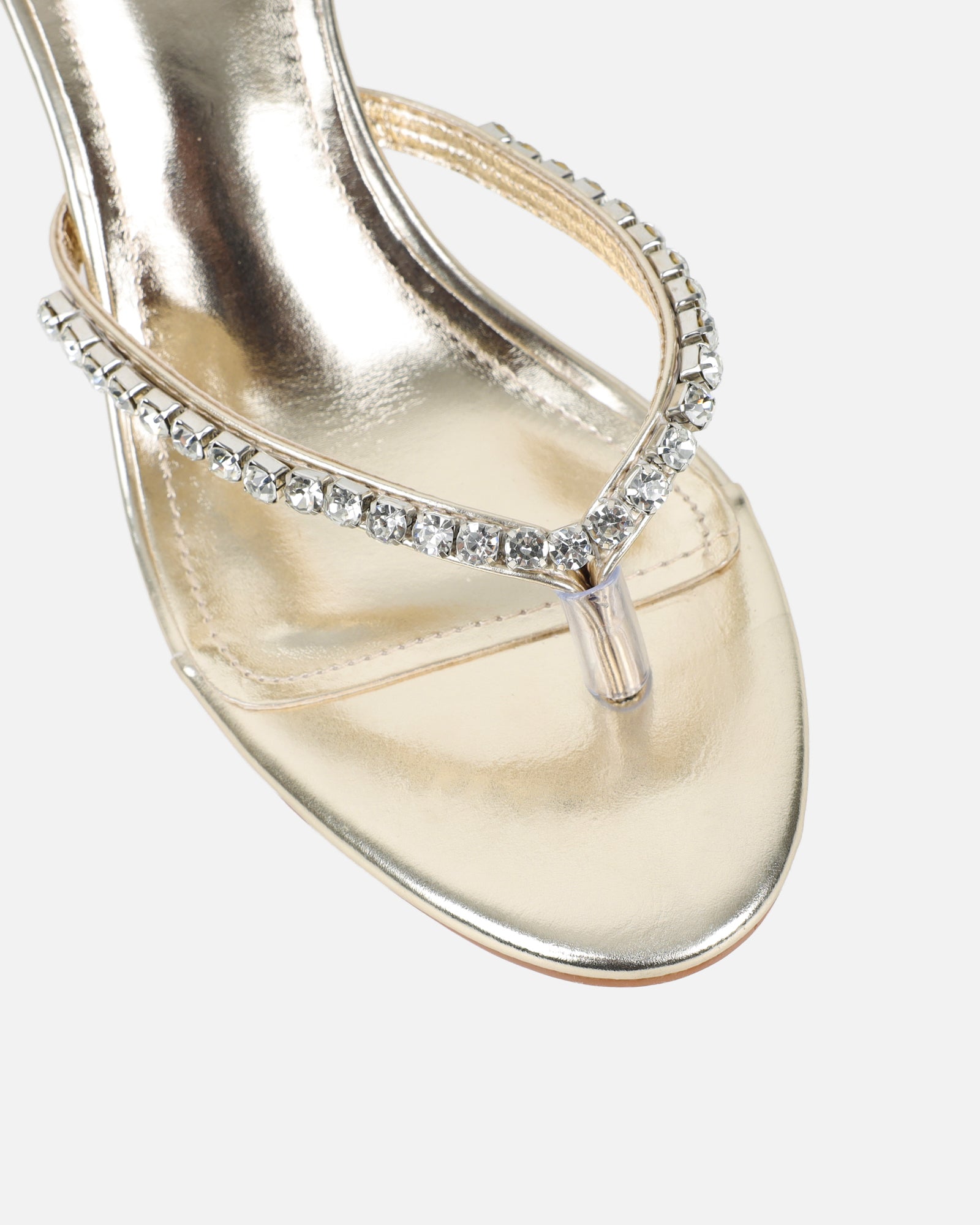 Sheen Gold Metallic Diamante Toe Post Heeled Sandals