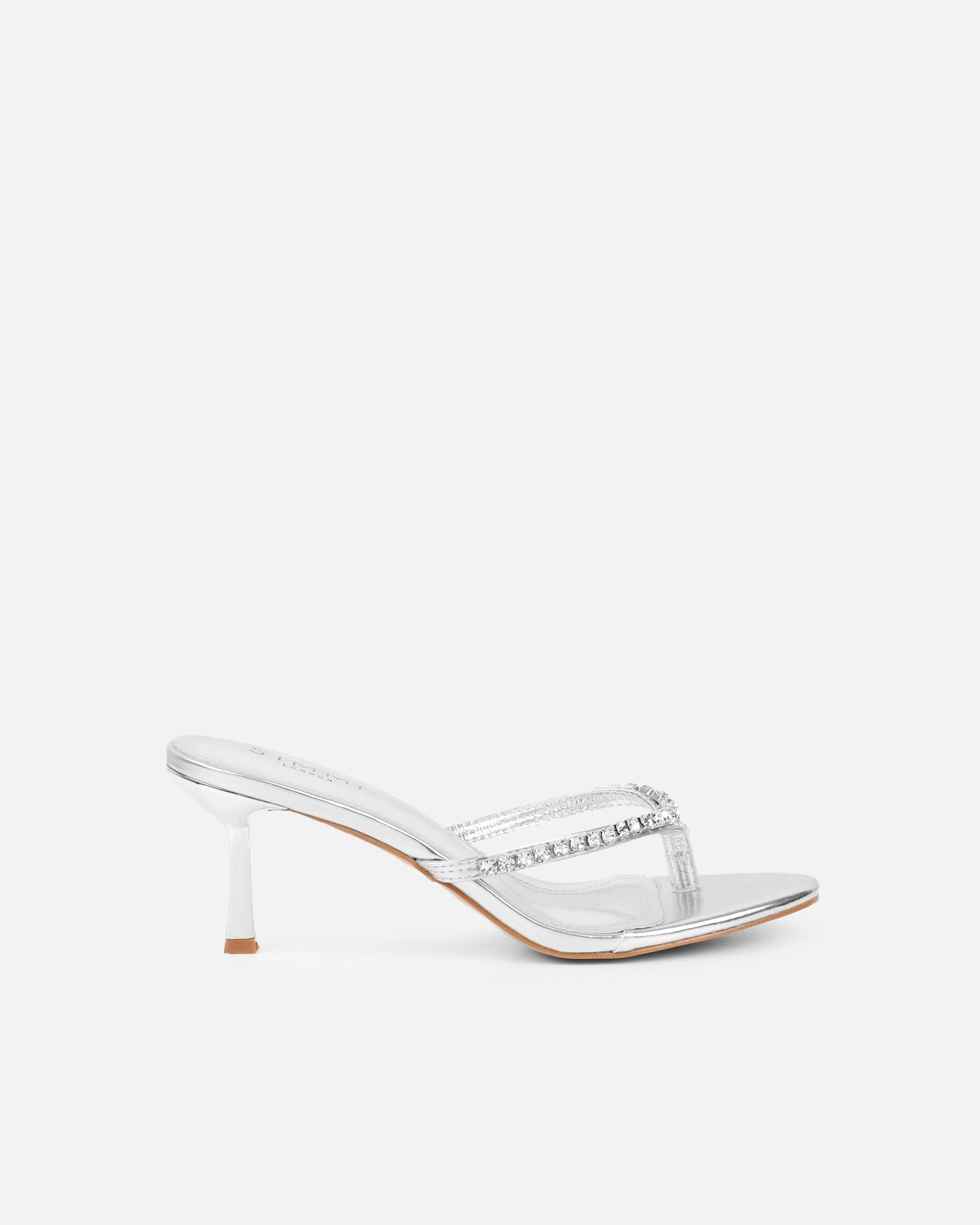 Sheen Silver Metallic Diamante Toe Post Heeled Sandals