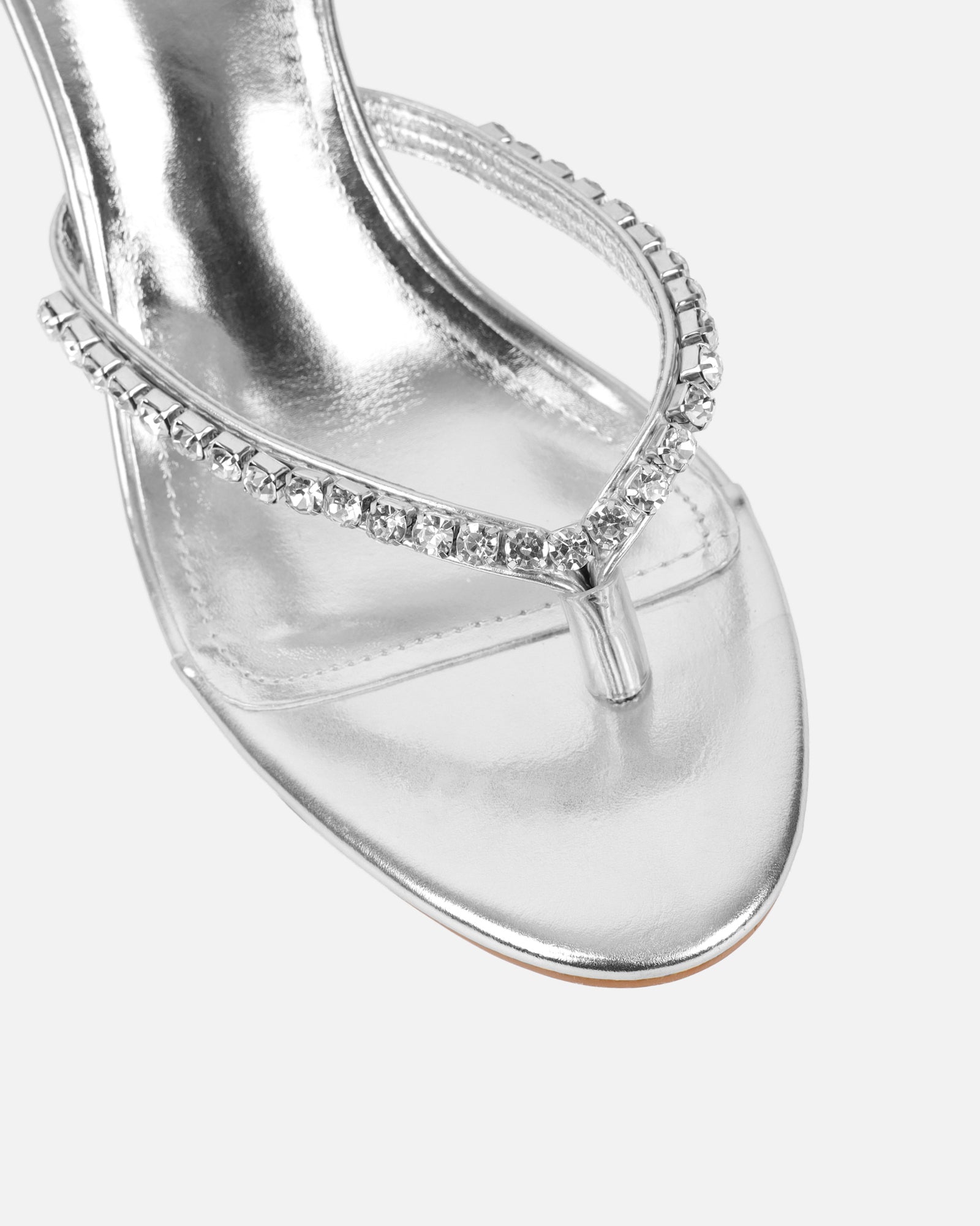 Sheen Silver Metallic Diamante Toe Post Heeled Sandals