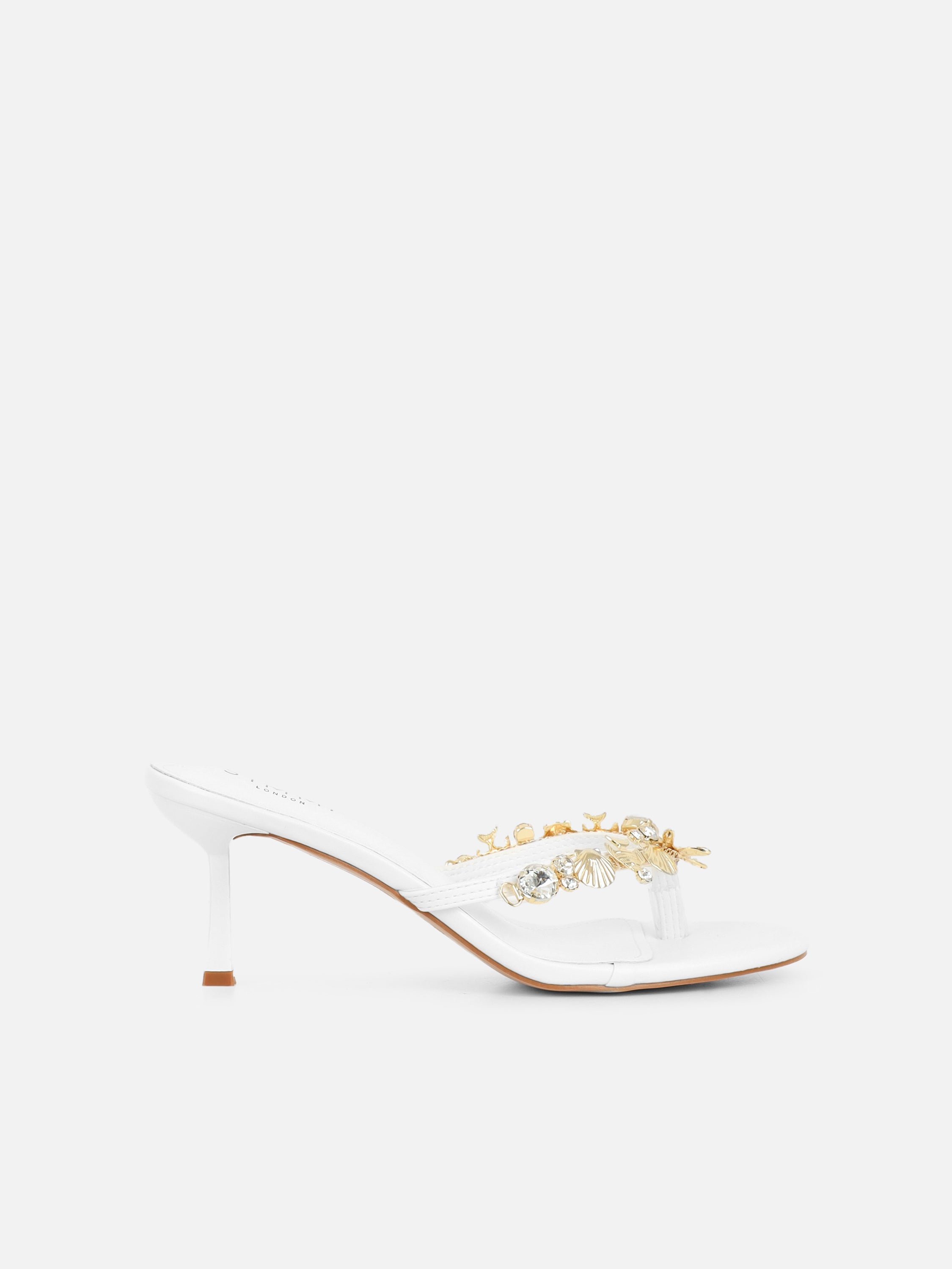 Silla White Shell Detail Toe Post Heeled Sandals