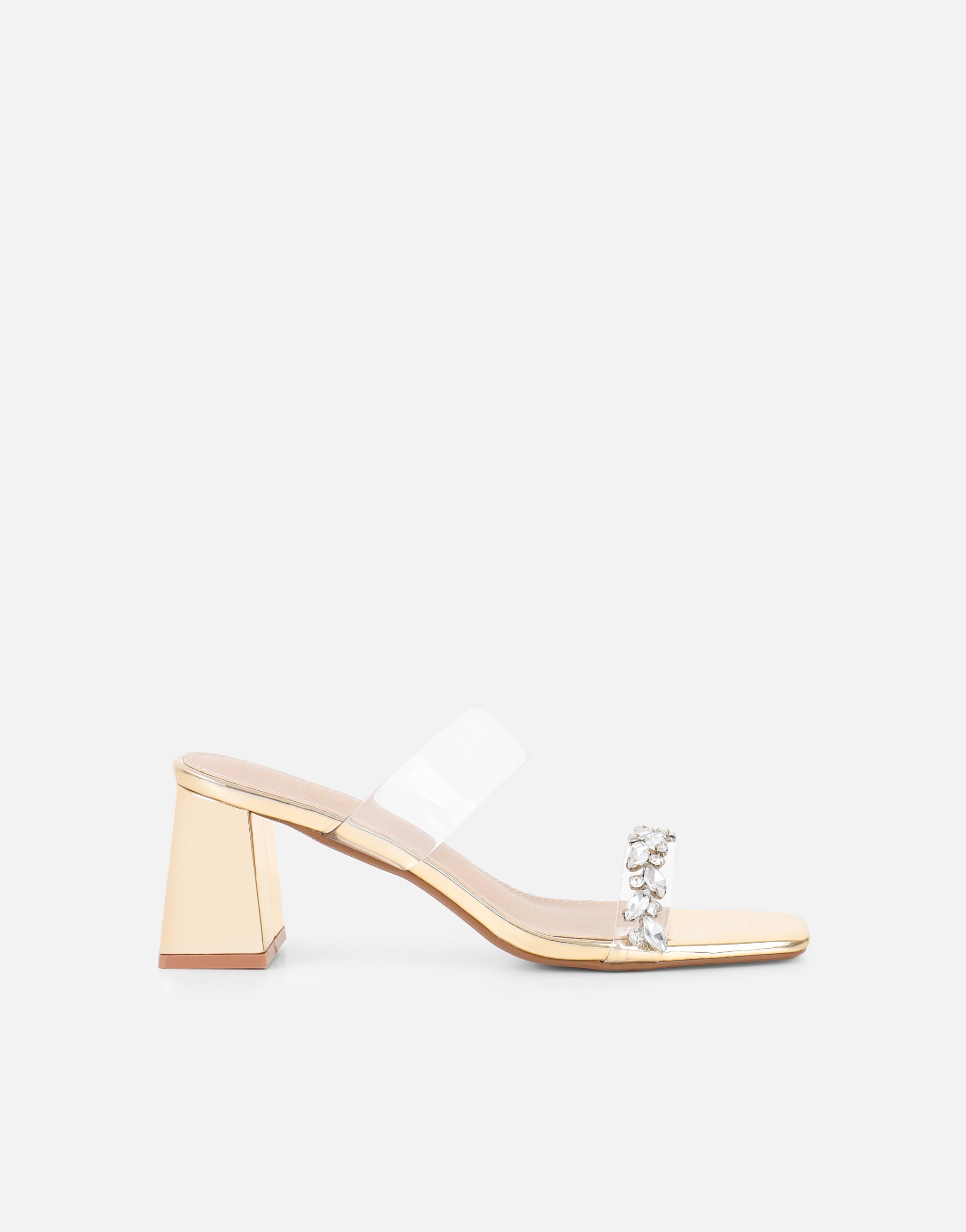 Seraphina Gold Mirror Clear Diamante Mules