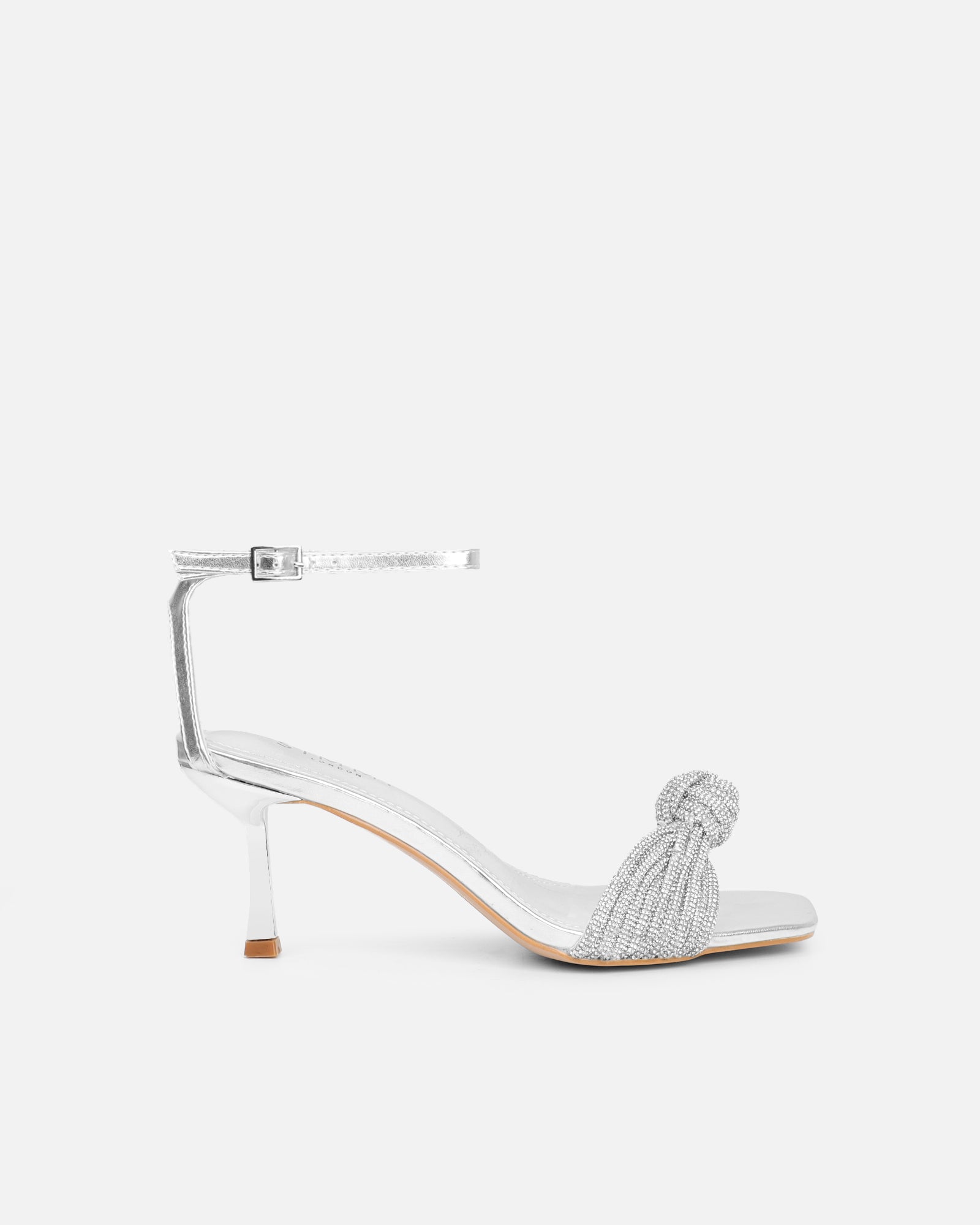 Anha Silver Metallic Diamante Knot Heeled Sandals
