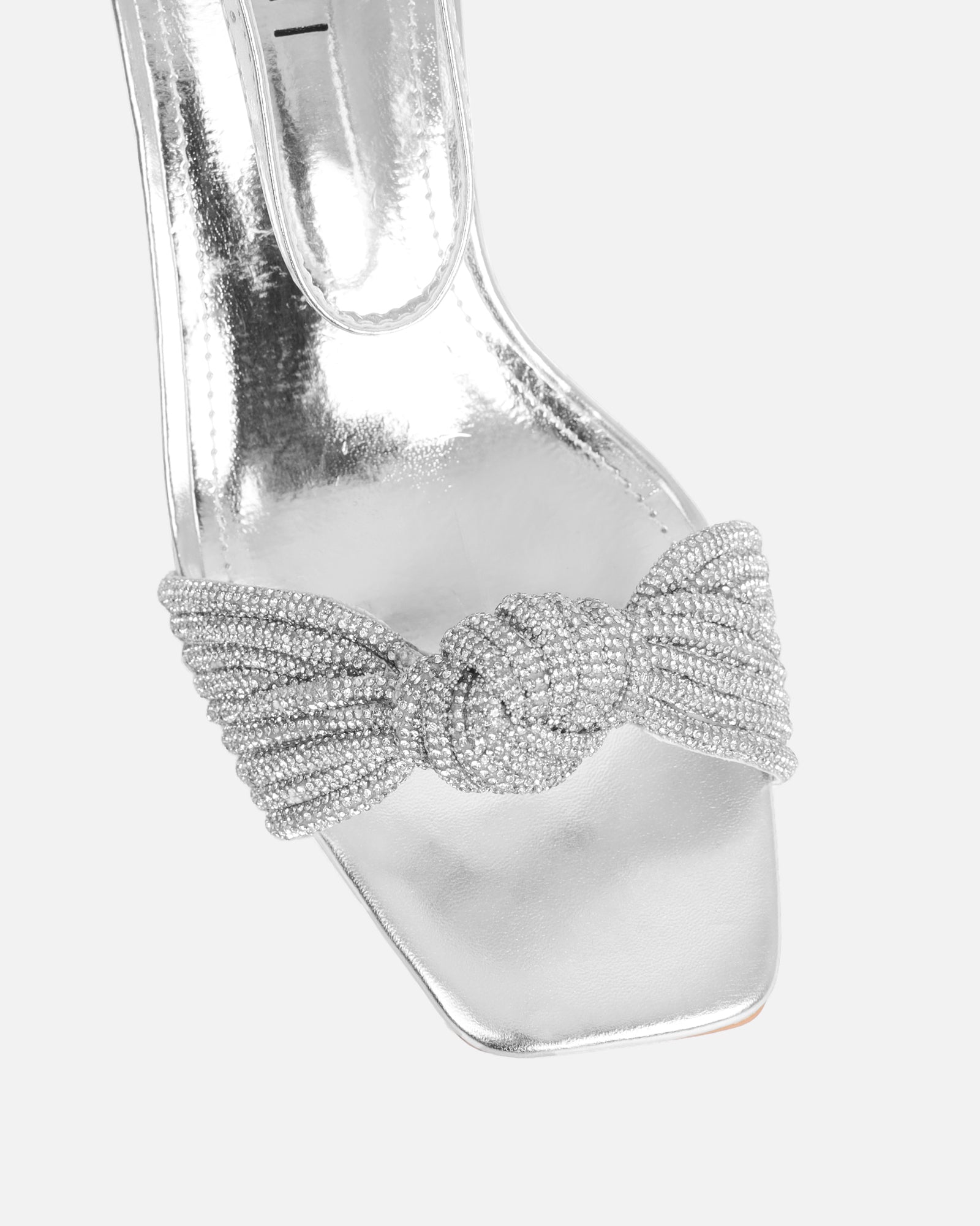 Anha Silver Metallic Diamante Knot Heeled Sandals