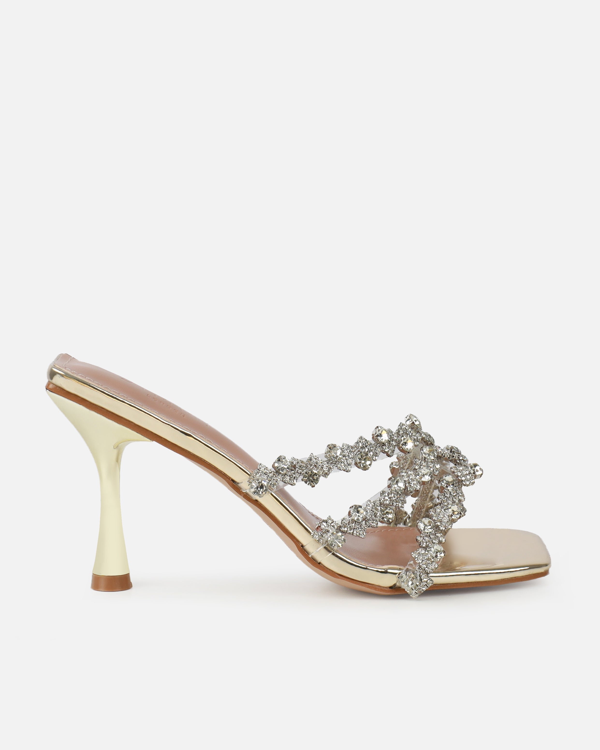 Blushing Gold Mirror Diamante Mid Heel Mules