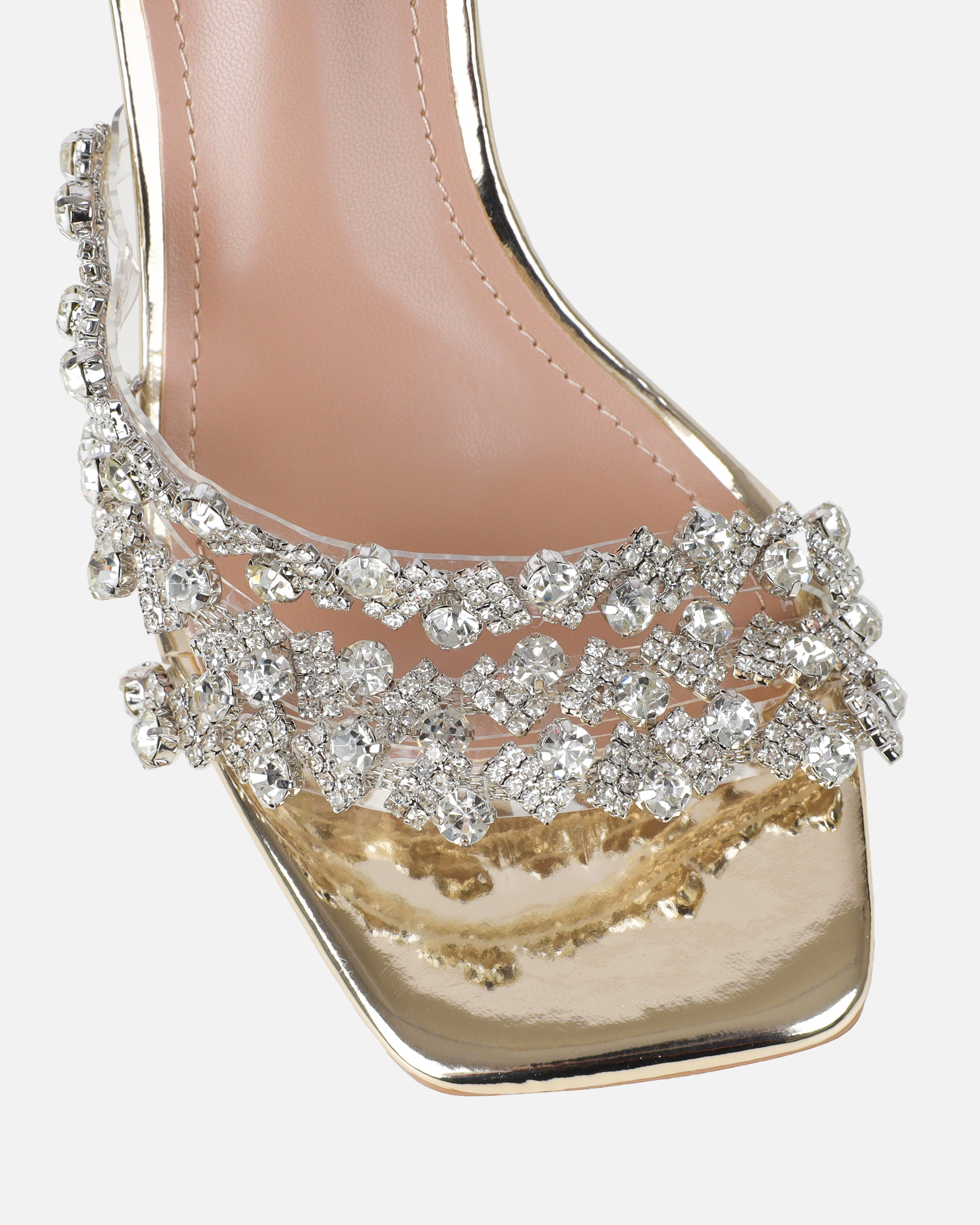 Blushing Gold Mirror Diamante Mid Heel Mules