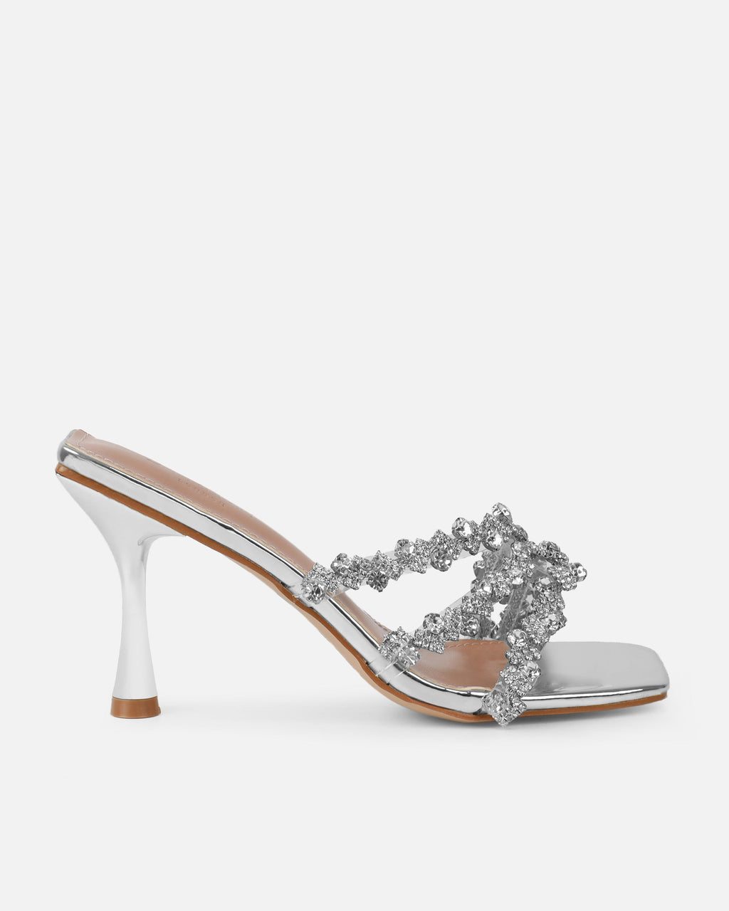 Blushing Silver Mirror Diamante Mid Heel Mules