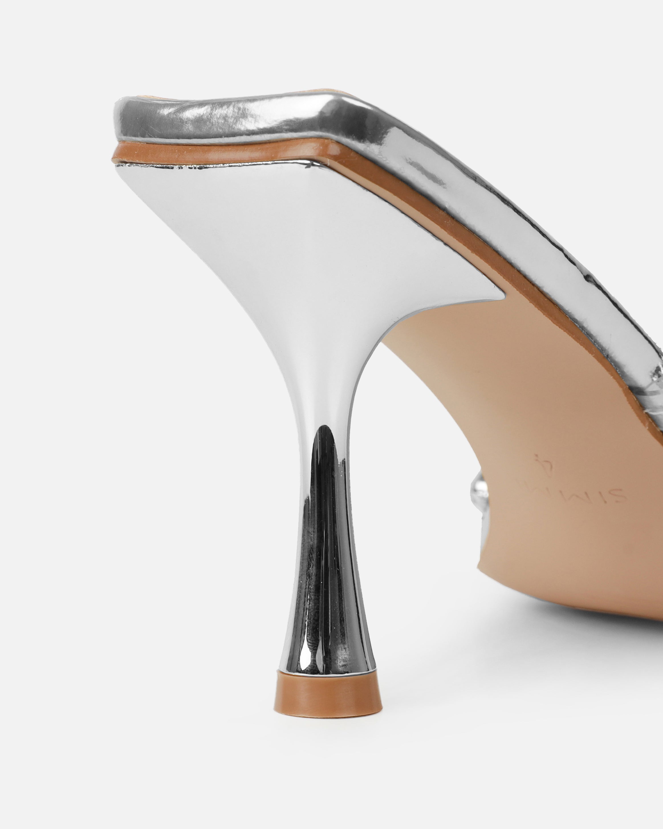 Blushing Silver Mirror Diamante Mid Heel Mules