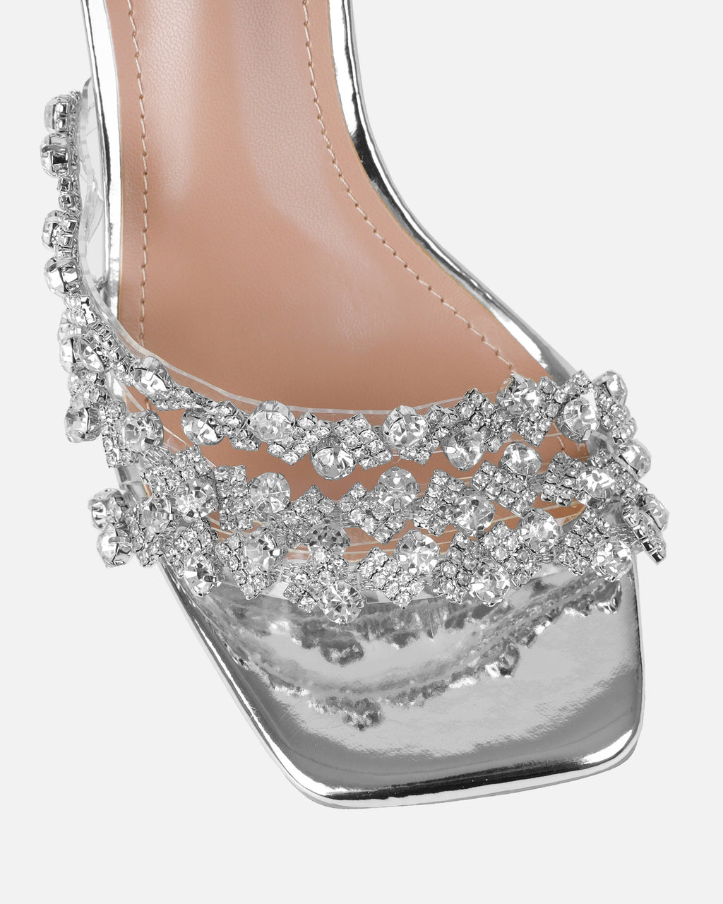 Blushing Silver Mirror Diamante Mid Heel Mules