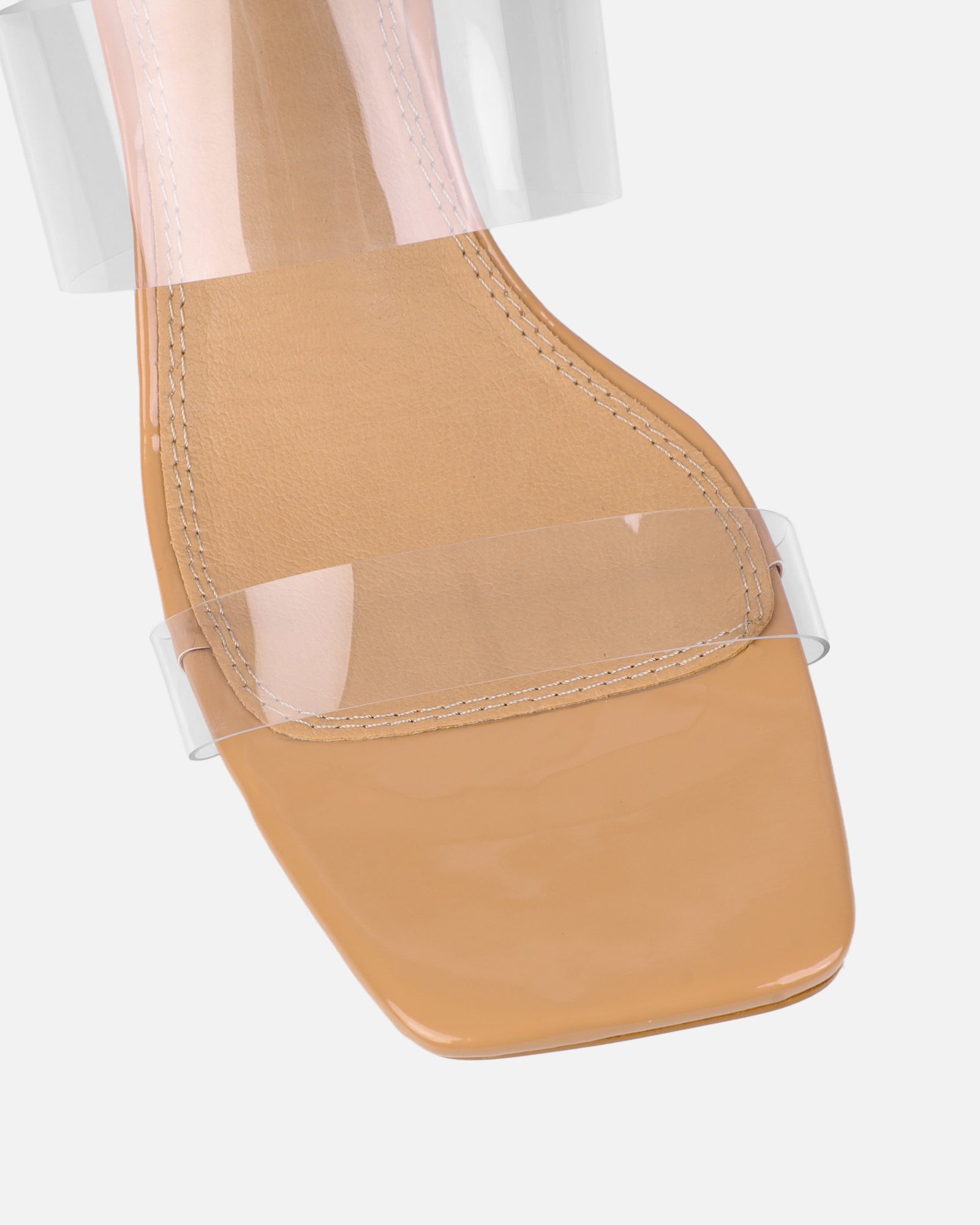 Eadie Nude Patent Clear Low Block Heeled Sandals