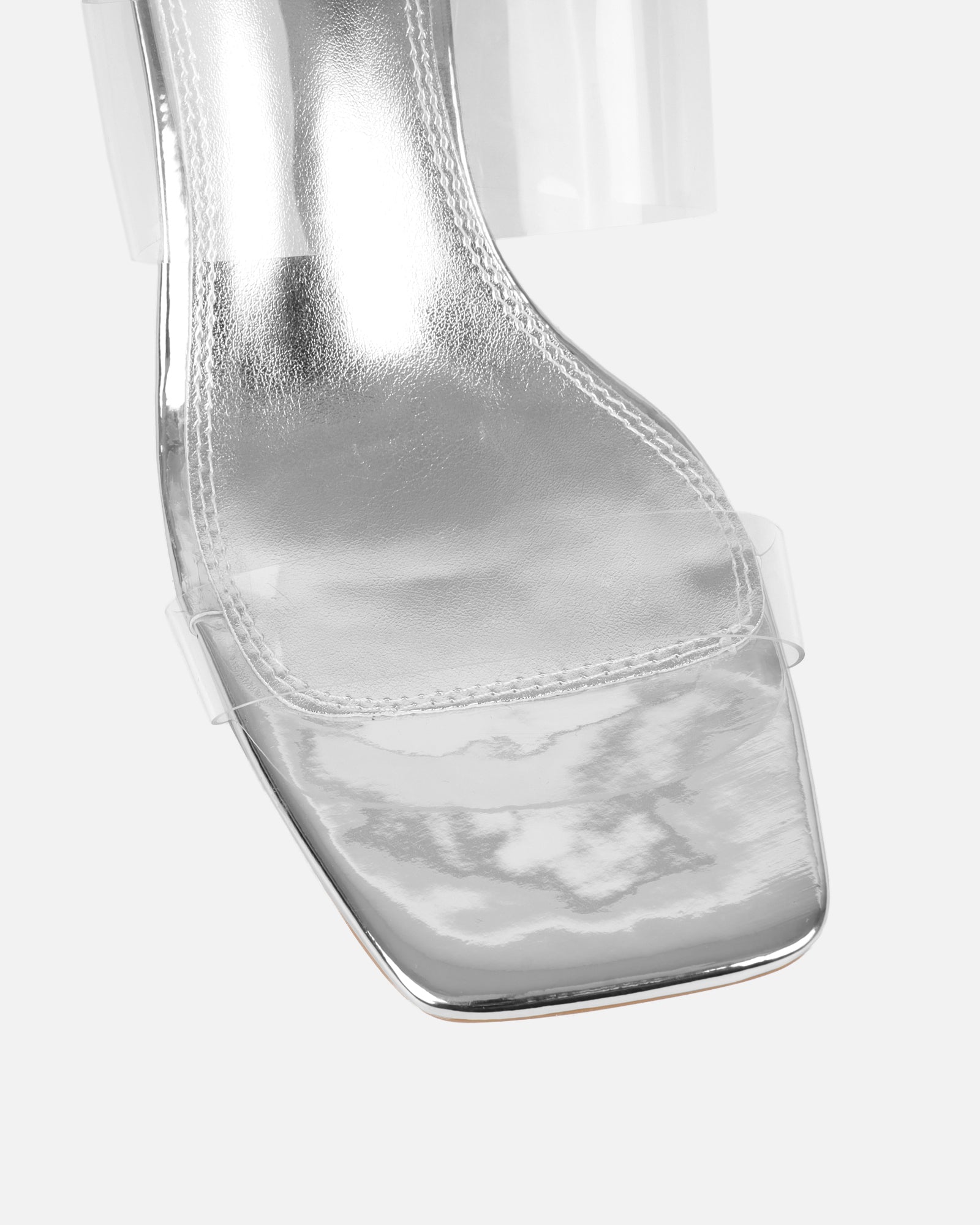 Eadie Silver Clear Low Block Heeled Sandals