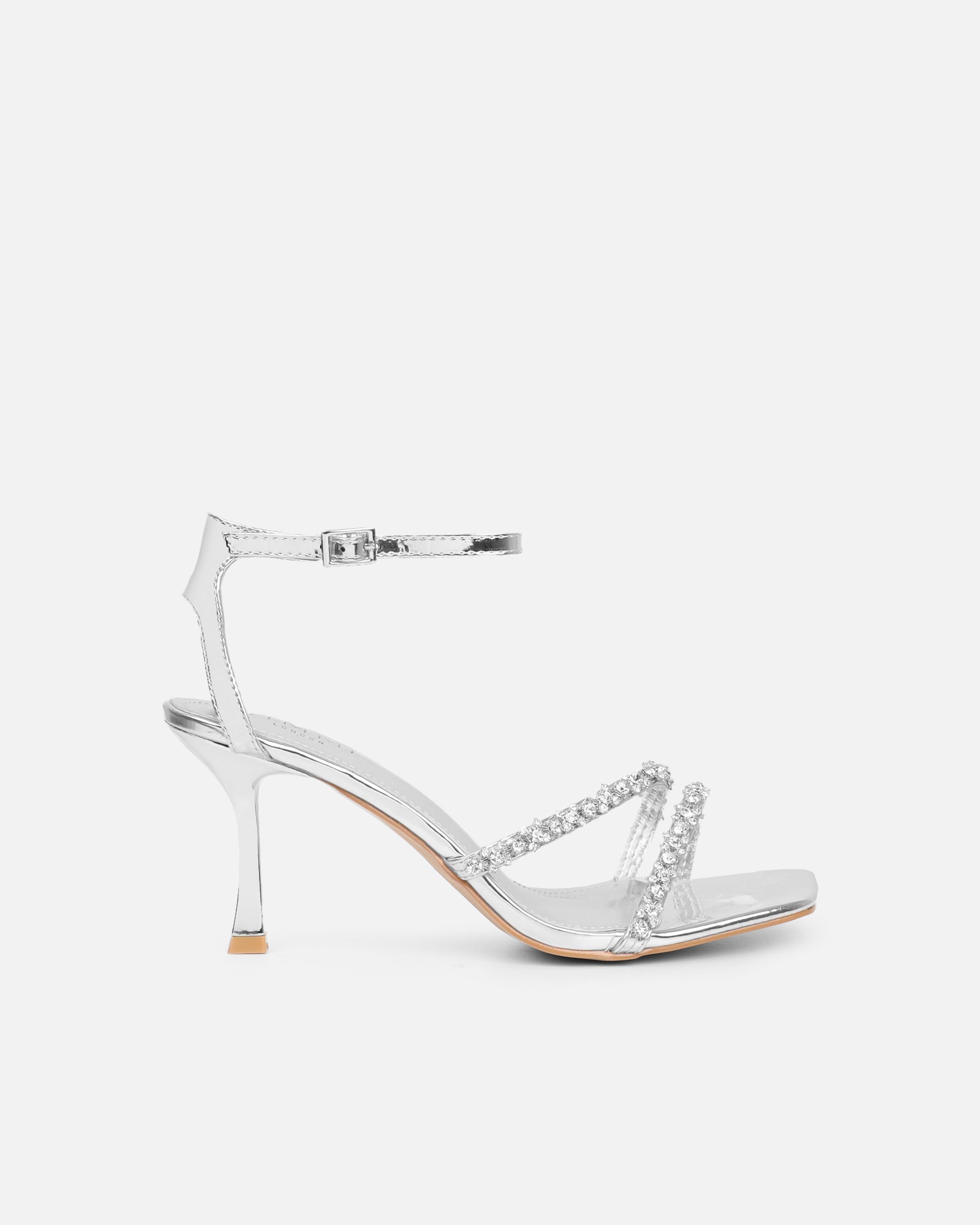 Ediee Silver Mirror Diamante Heeled Sandals
