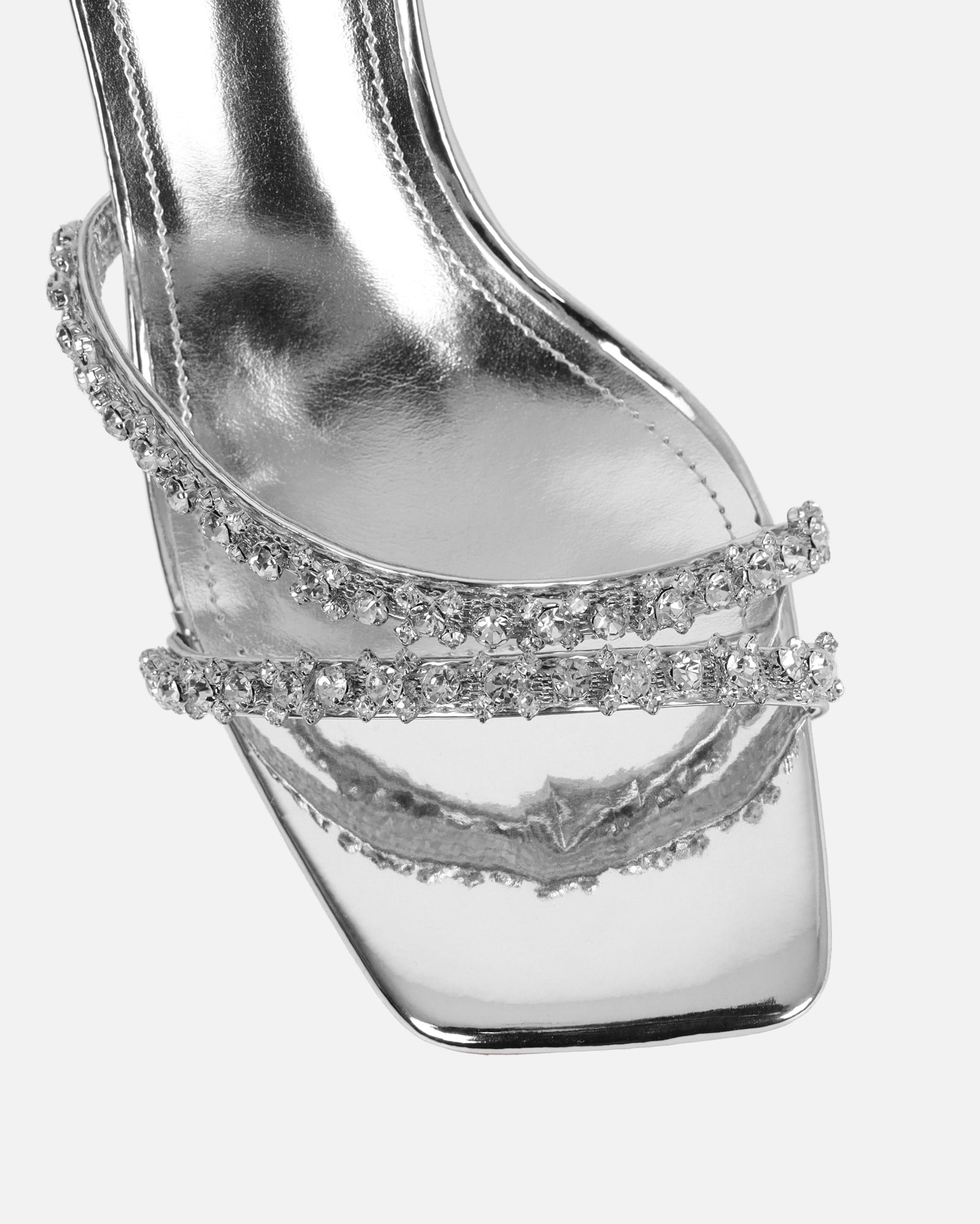 Ediee Silver Mirror Diamante Heeled Sandals
