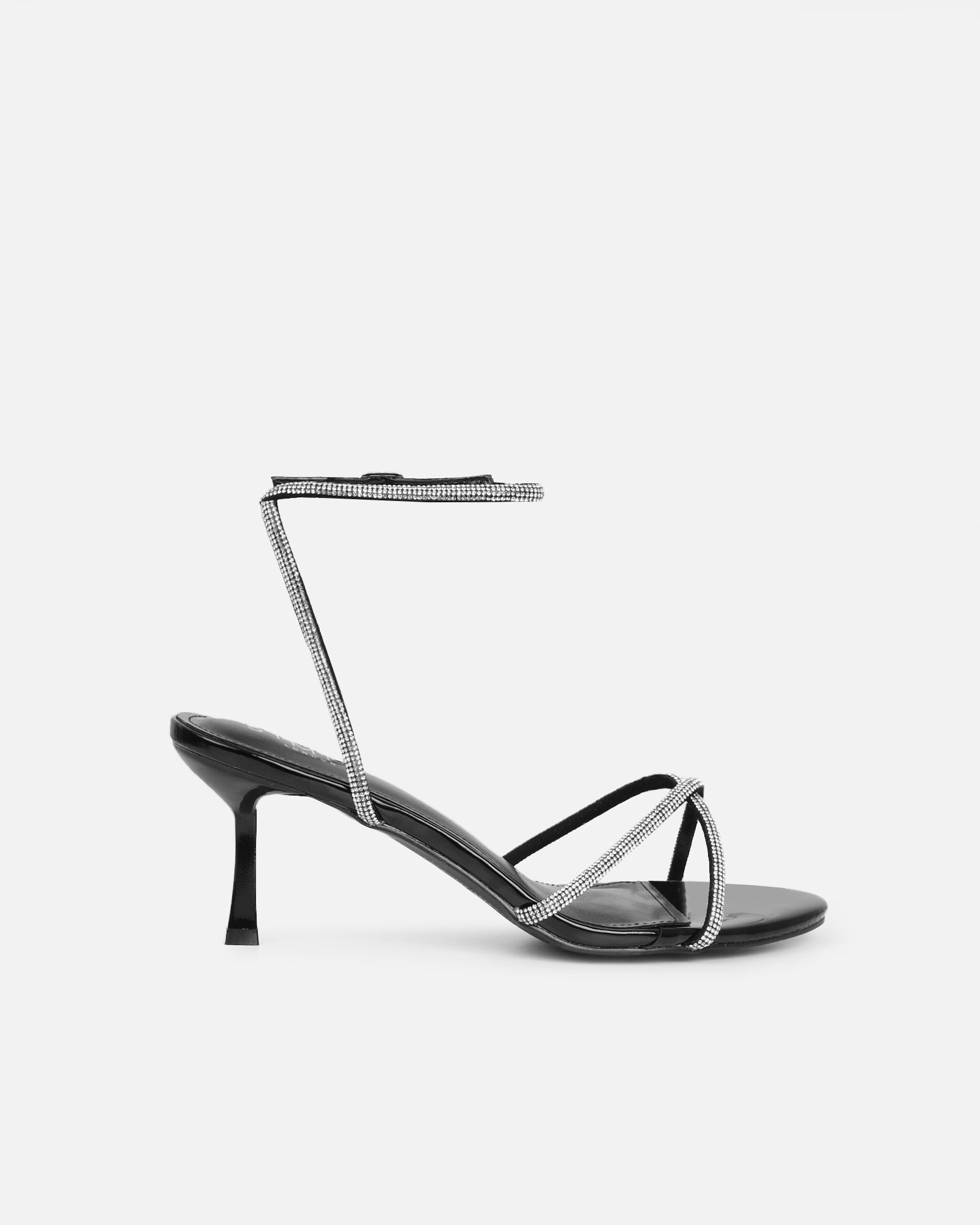 Meesha Black Patent Diamante Mid Heel Sandals