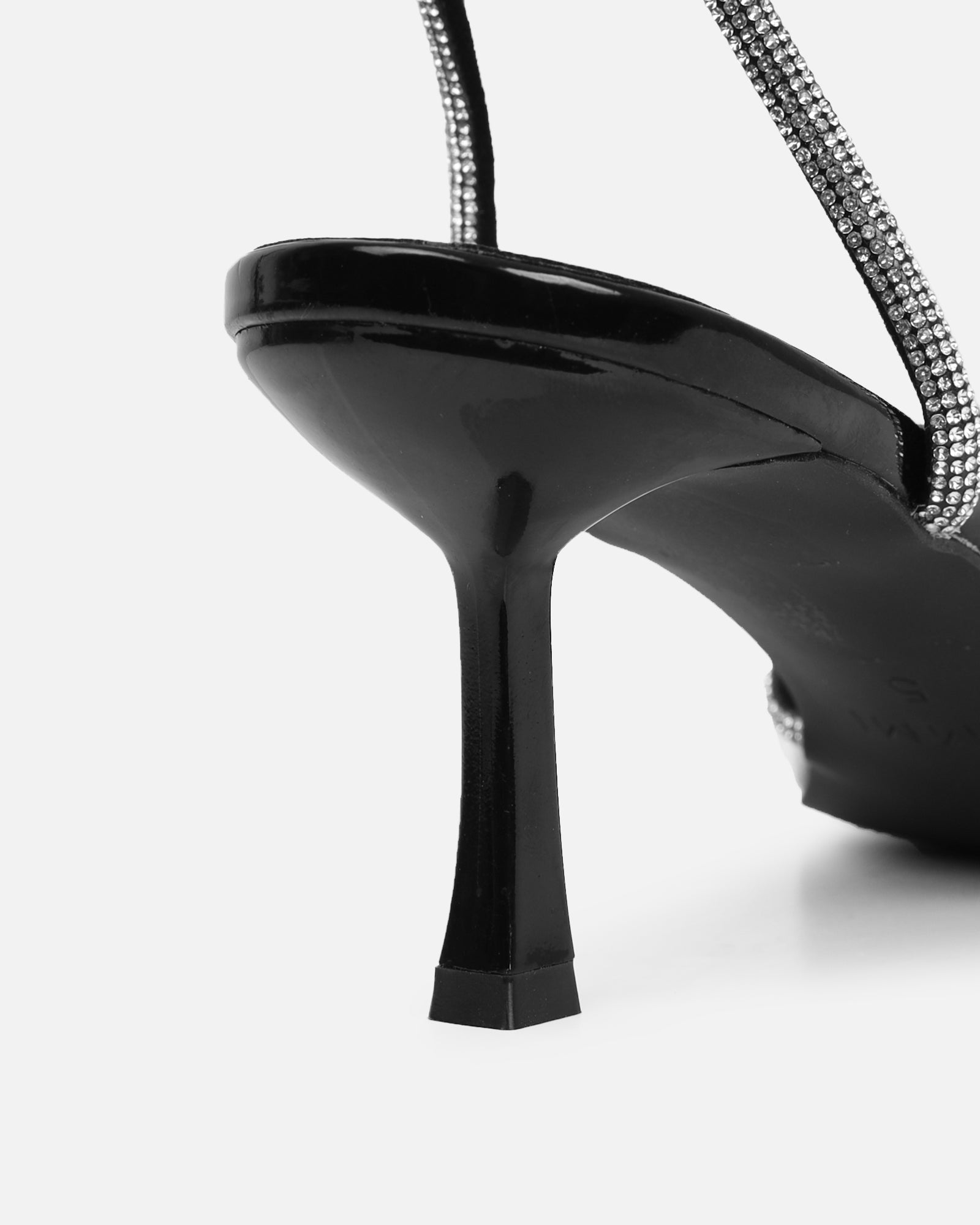 Meesha Black Patent Diamante Mid Heel Sandals