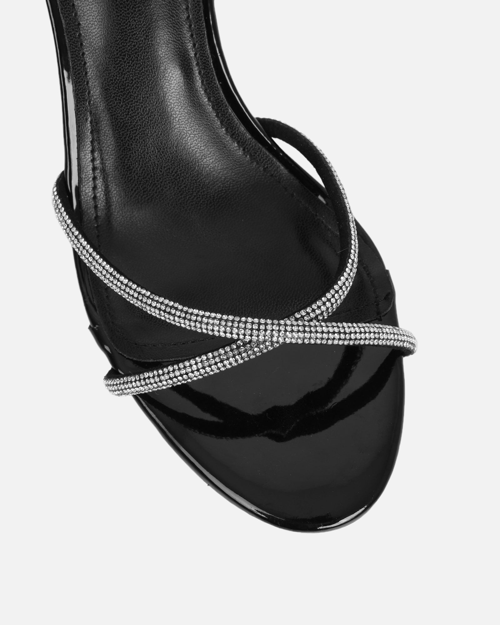 Meesha Black Patent Diamante Mid Heel Sandals