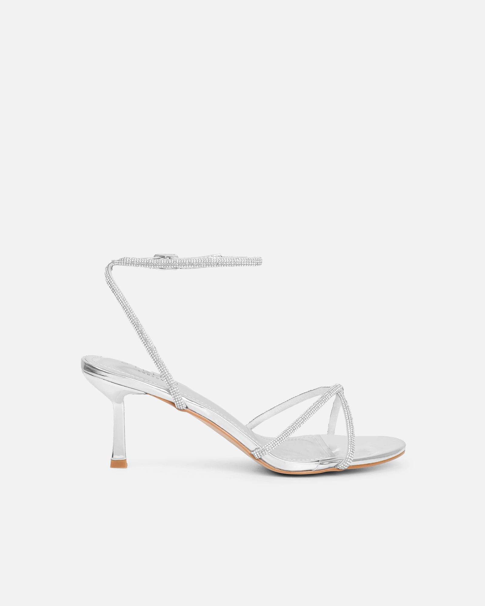 Meesha Silver Mirror Diamante Mid Heel Sandals