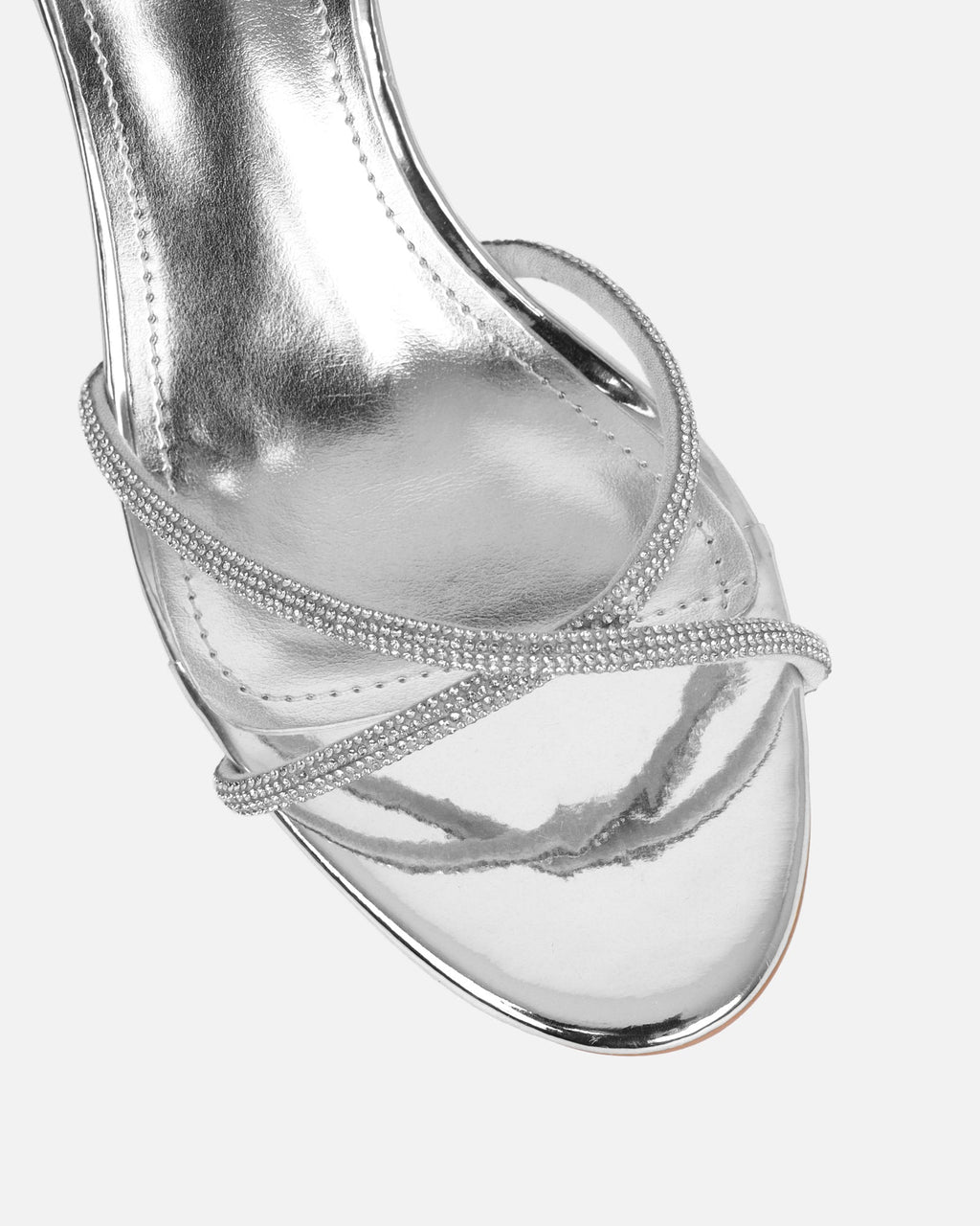 Meesha Silver Mirror Diamante Mid Heel Sandals