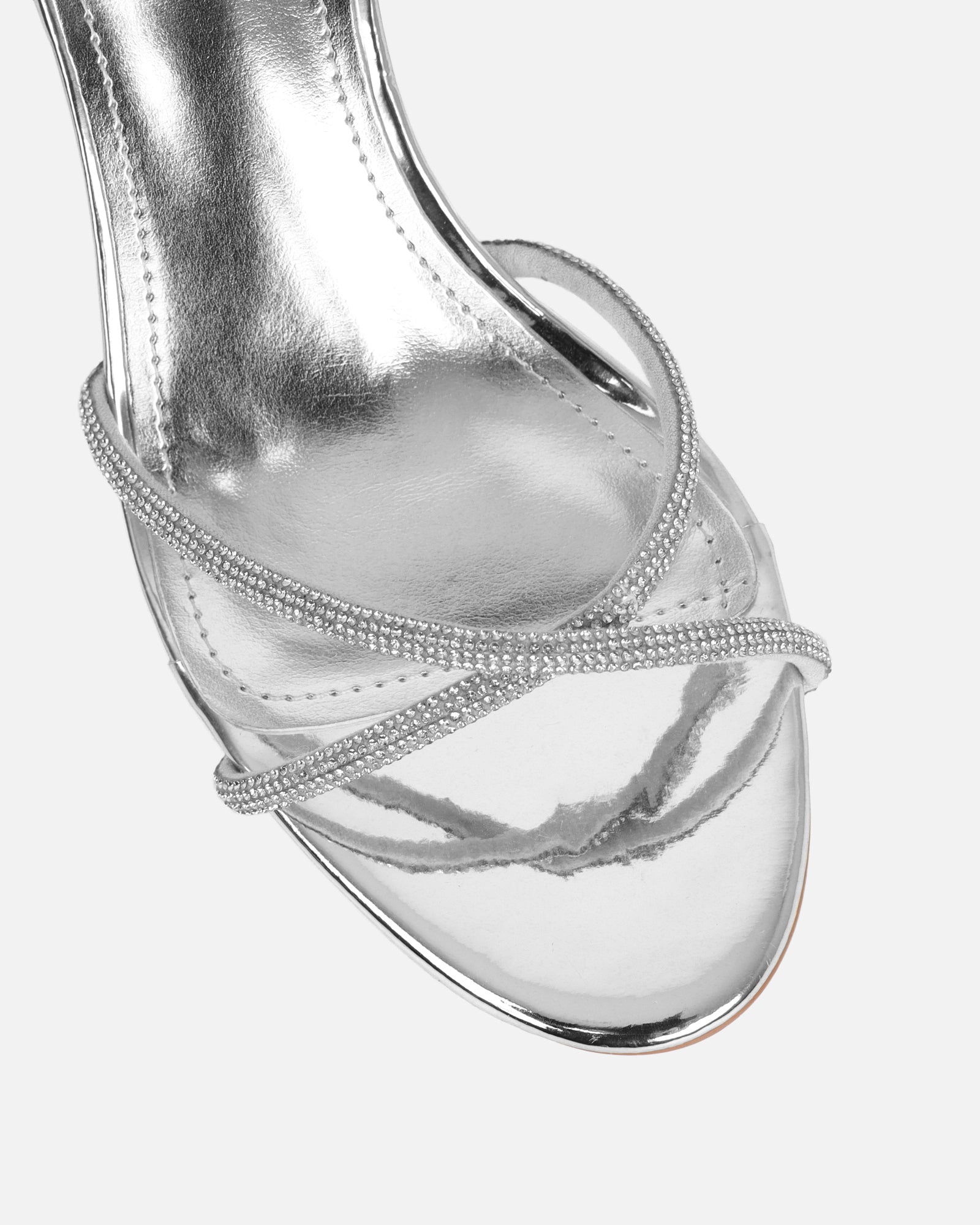 Meesha Silver Mirror Diamante Mid Heel Sandals