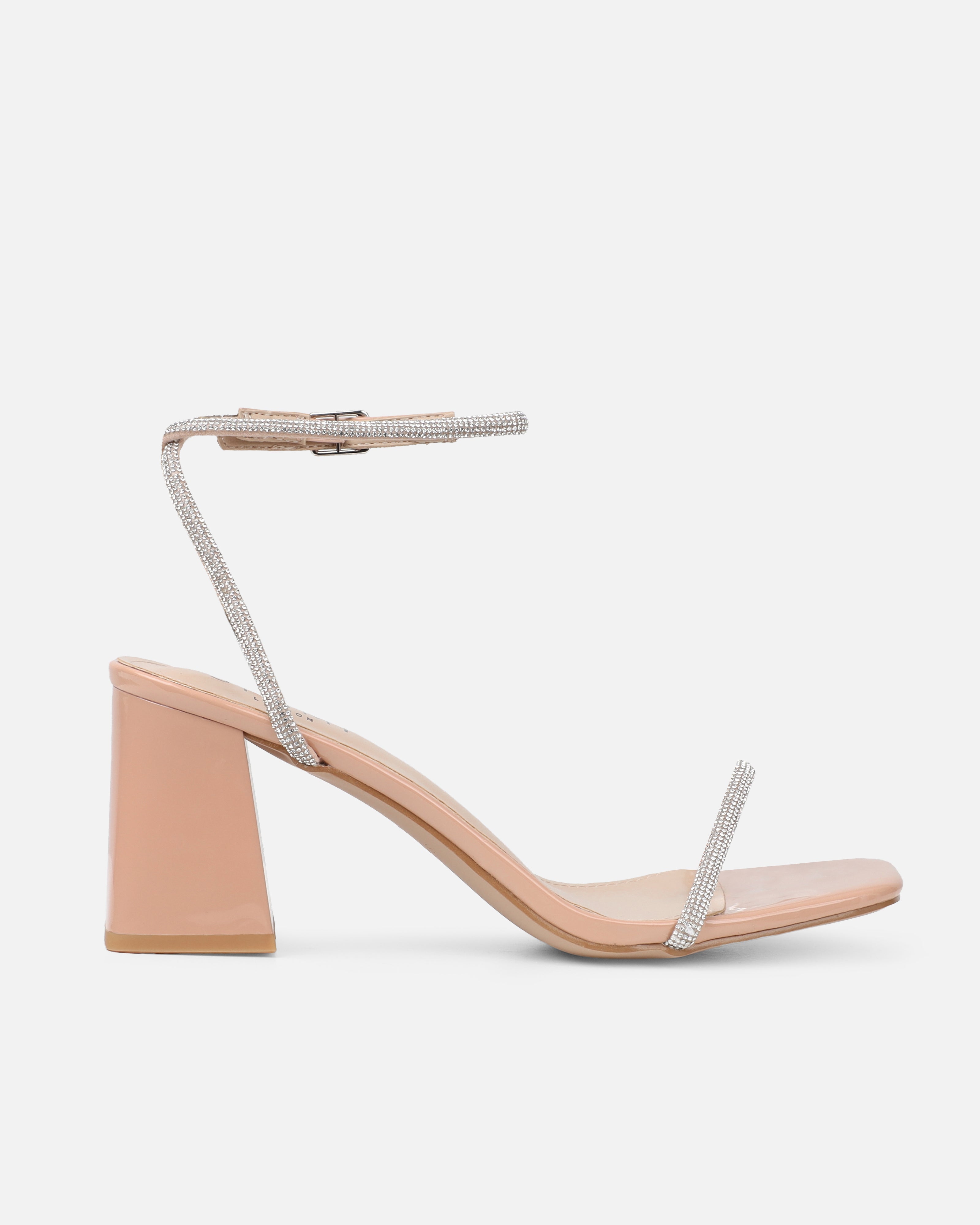 Ciel Nude Patent Diamante Low Block Heeled Sandals