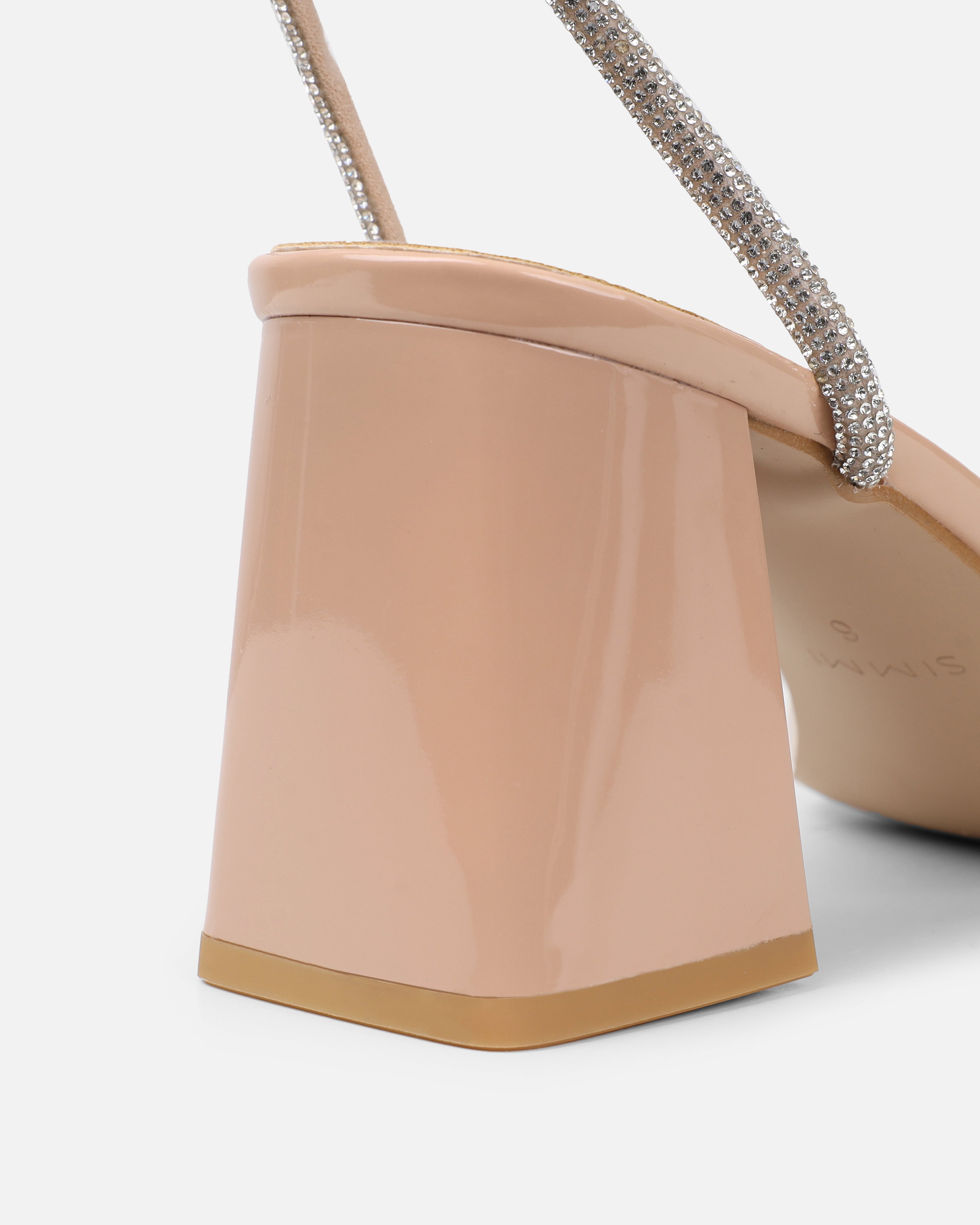 Ciel Nude Patent Diamante Low Block Heeled Sandals