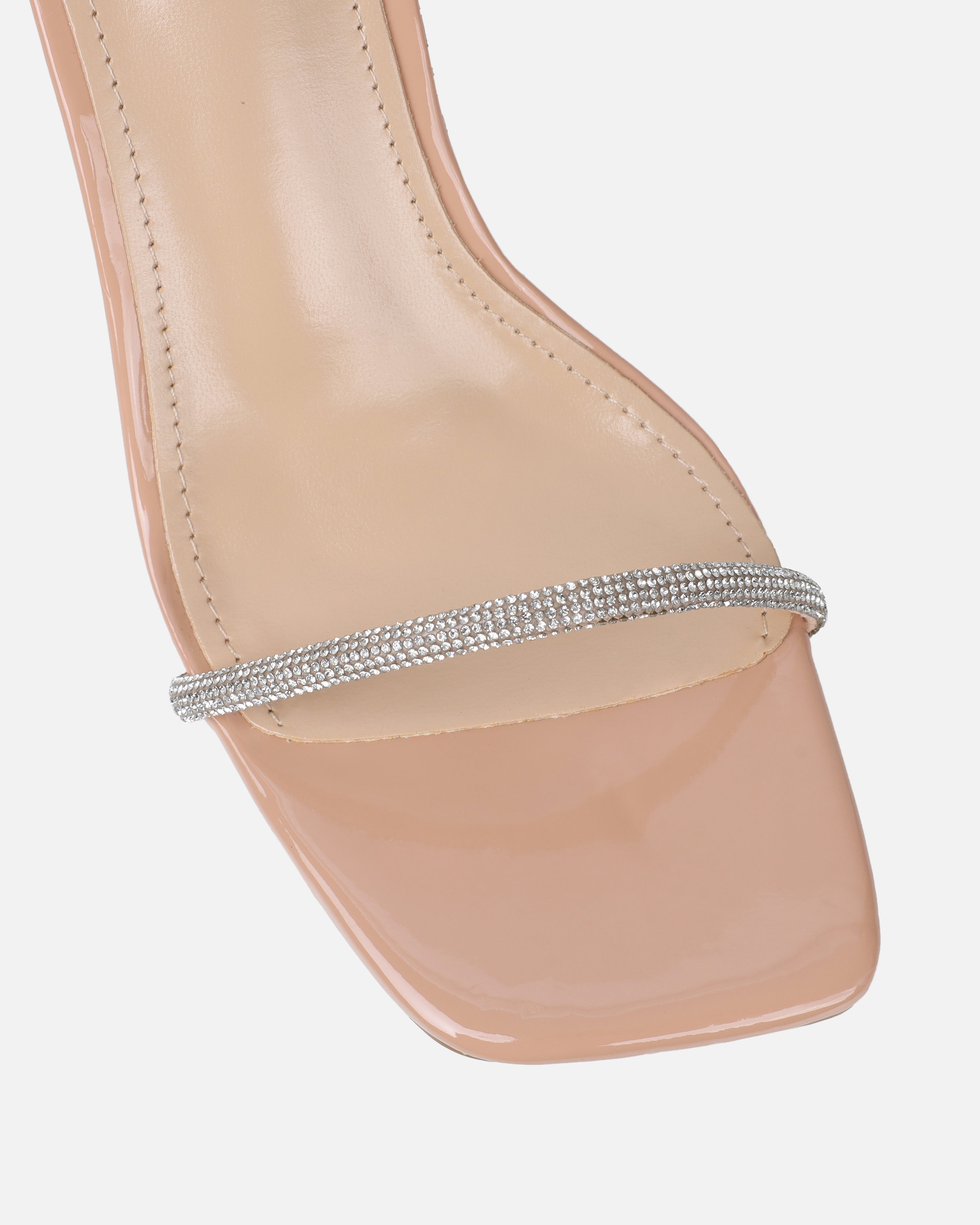 Ciel Nude Patent Diamante Low Block Heeled Sandals