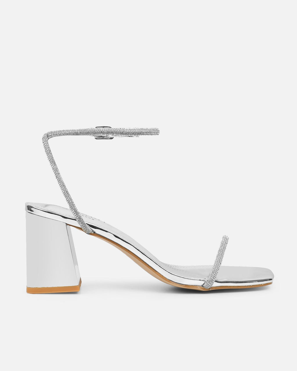 Ciel Silver Mirror Diamante Low Block Heeled Sandals