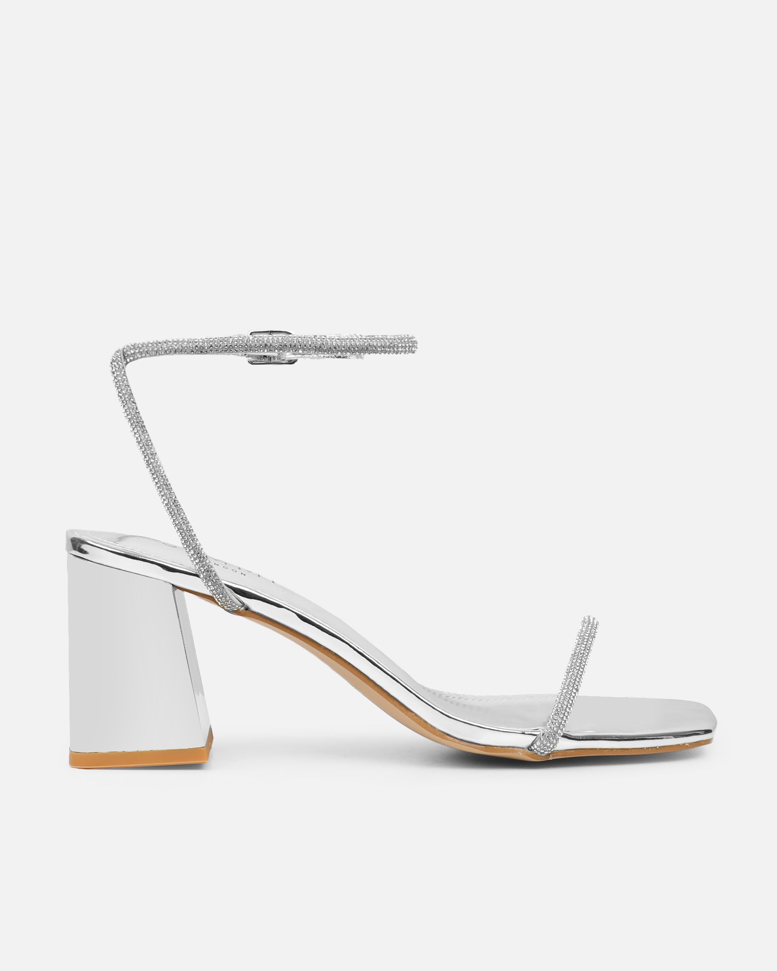 Ciel Silver Mirror Diamante Low Block Heeled Sandals