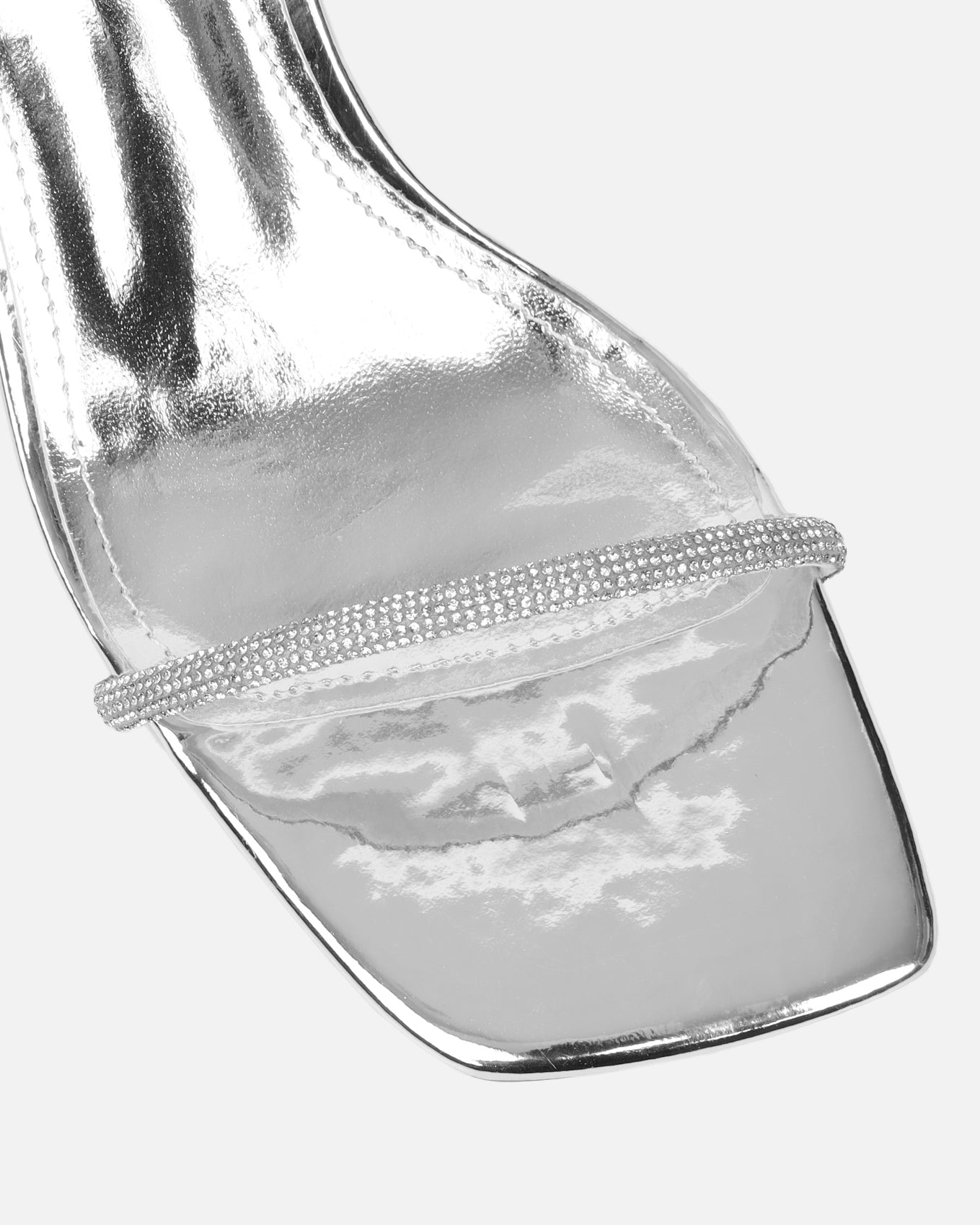 Ciel Silver Mirror Diamante Low Block Heeled Sandals